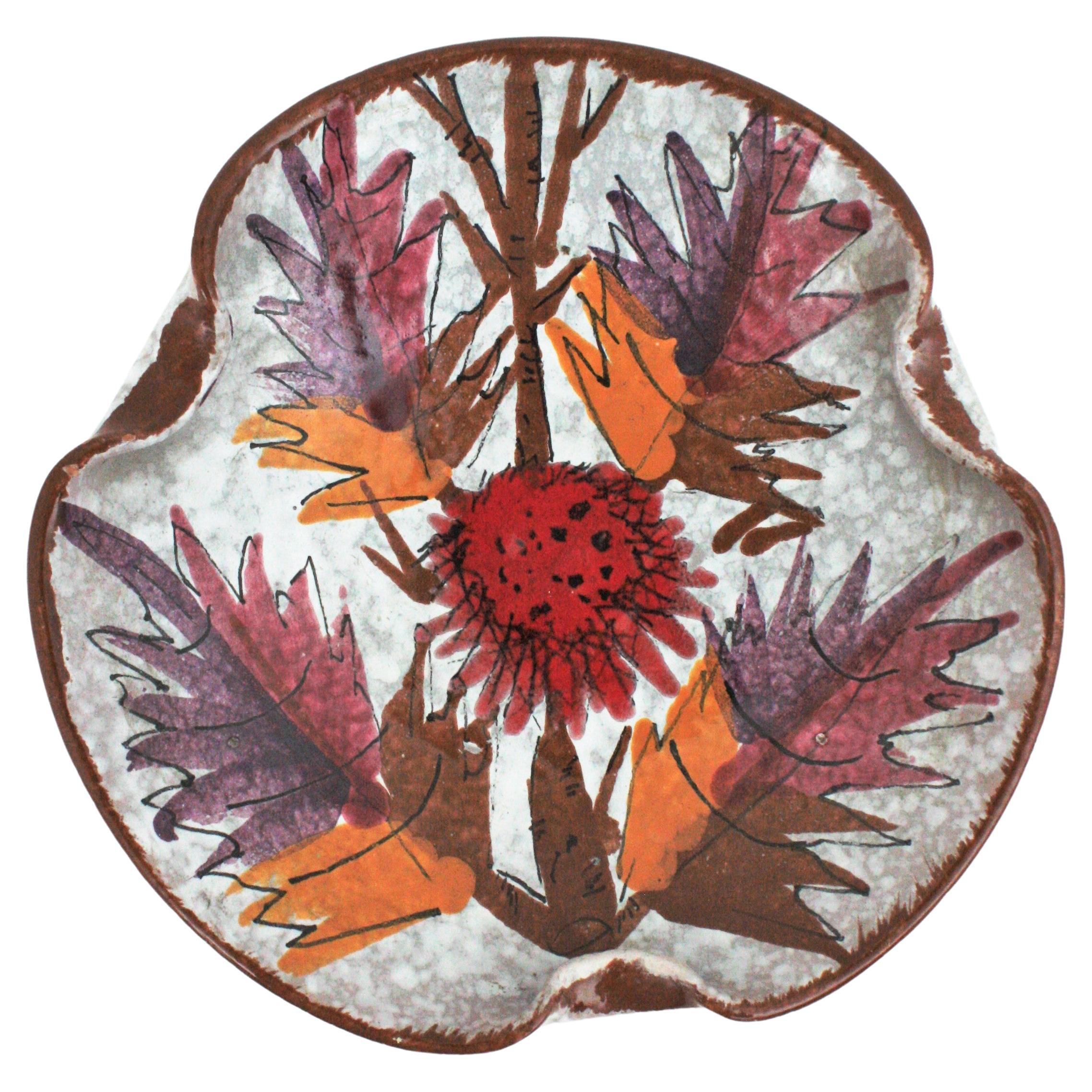 Midcentury Decorative Bowl in Glazed Terracota and Foliage Motif