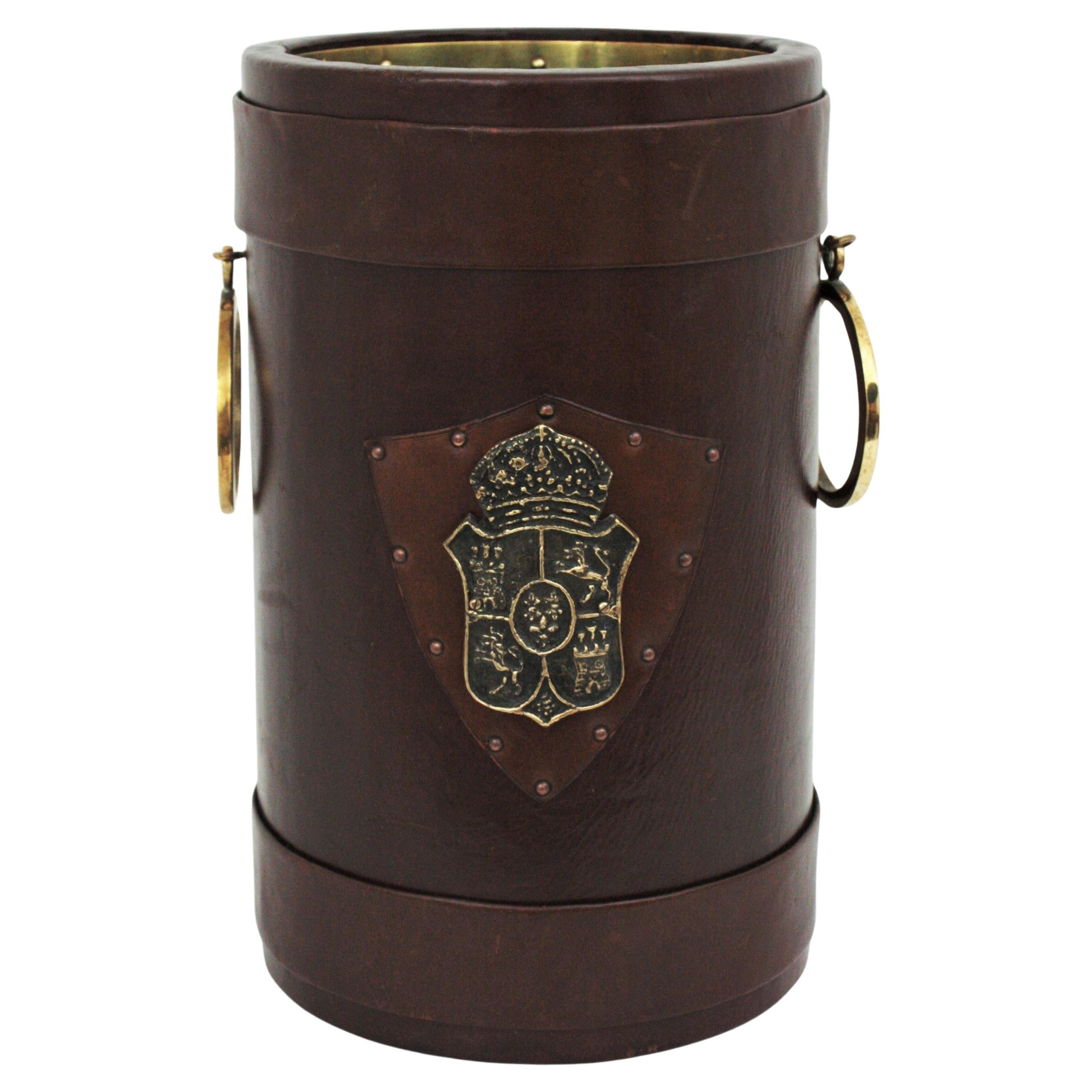 Spanish Umbrella Stand in Leather and Brass with Coat of Arms Detail