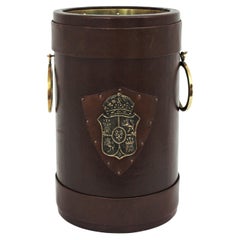 Spanish Umbrella Stand in Leather and Brass with Coat of Arms Detail