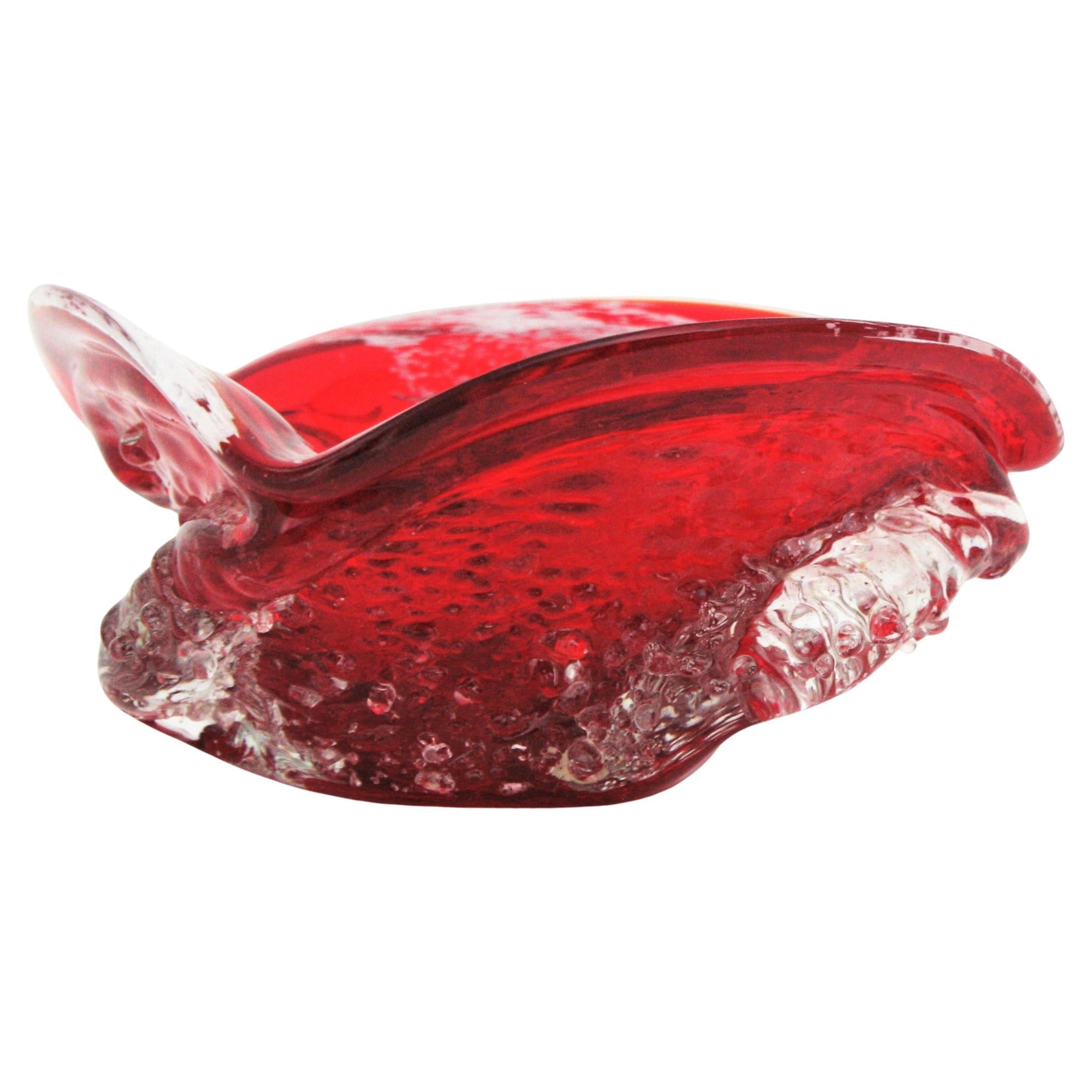 Cendrier / bol décoratif / Vide-Poche en verre de Murano organique rouge et blanc Sommerso