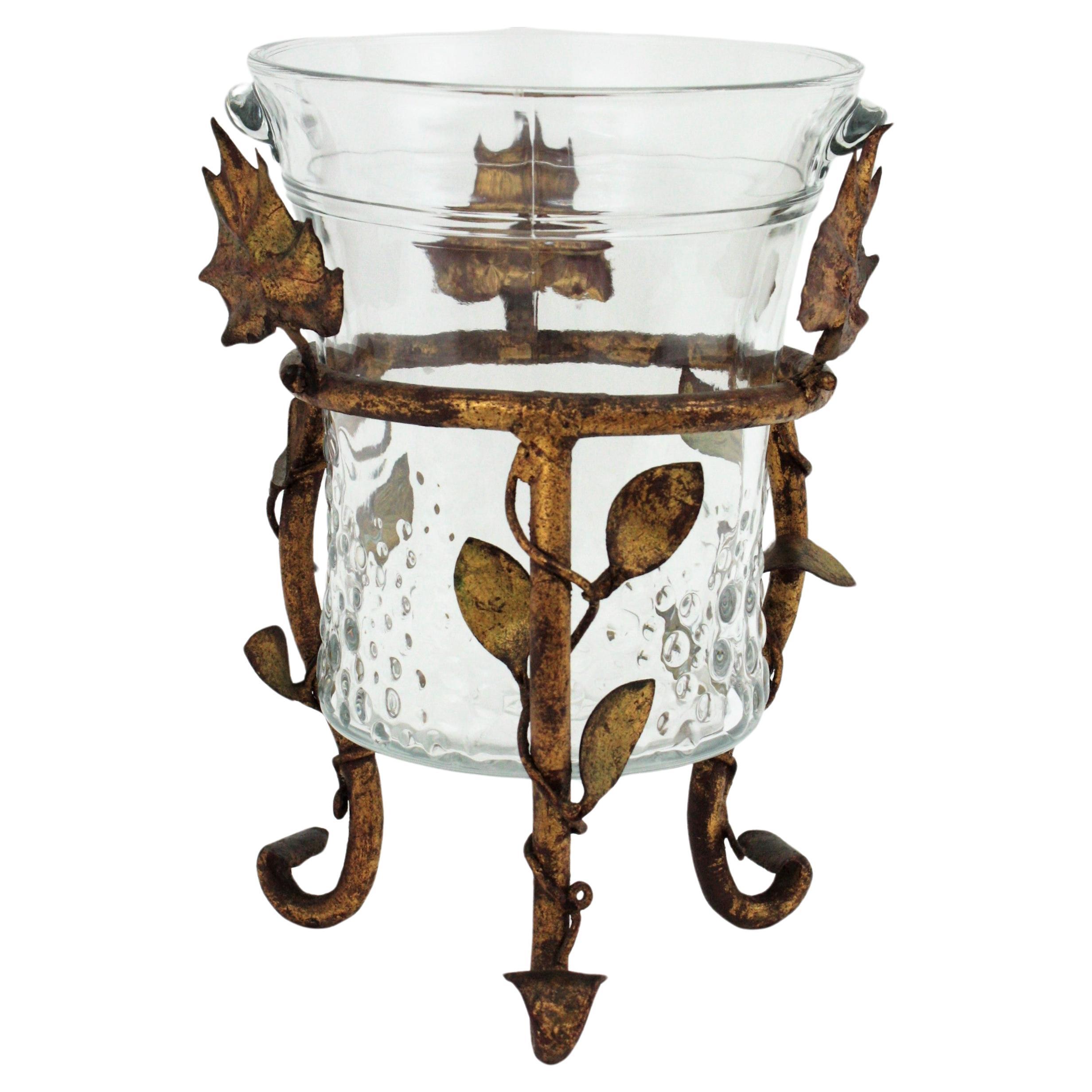 Champagne Wine Cooler Ice Bucket Stand in Gilt Iron and Glass