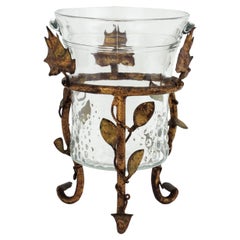 Vintage Champagne Wine Cooler Ice Bucket Stand in Gilt Iron and Glass