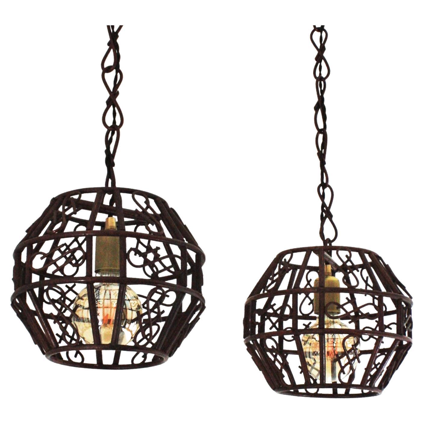 Pair of French Rattan Pendant Lights or Lanterns, 1960s For Sale