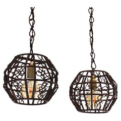 Vintage Pair of French Rattan Pendant Lights or Lanterns, 1960s