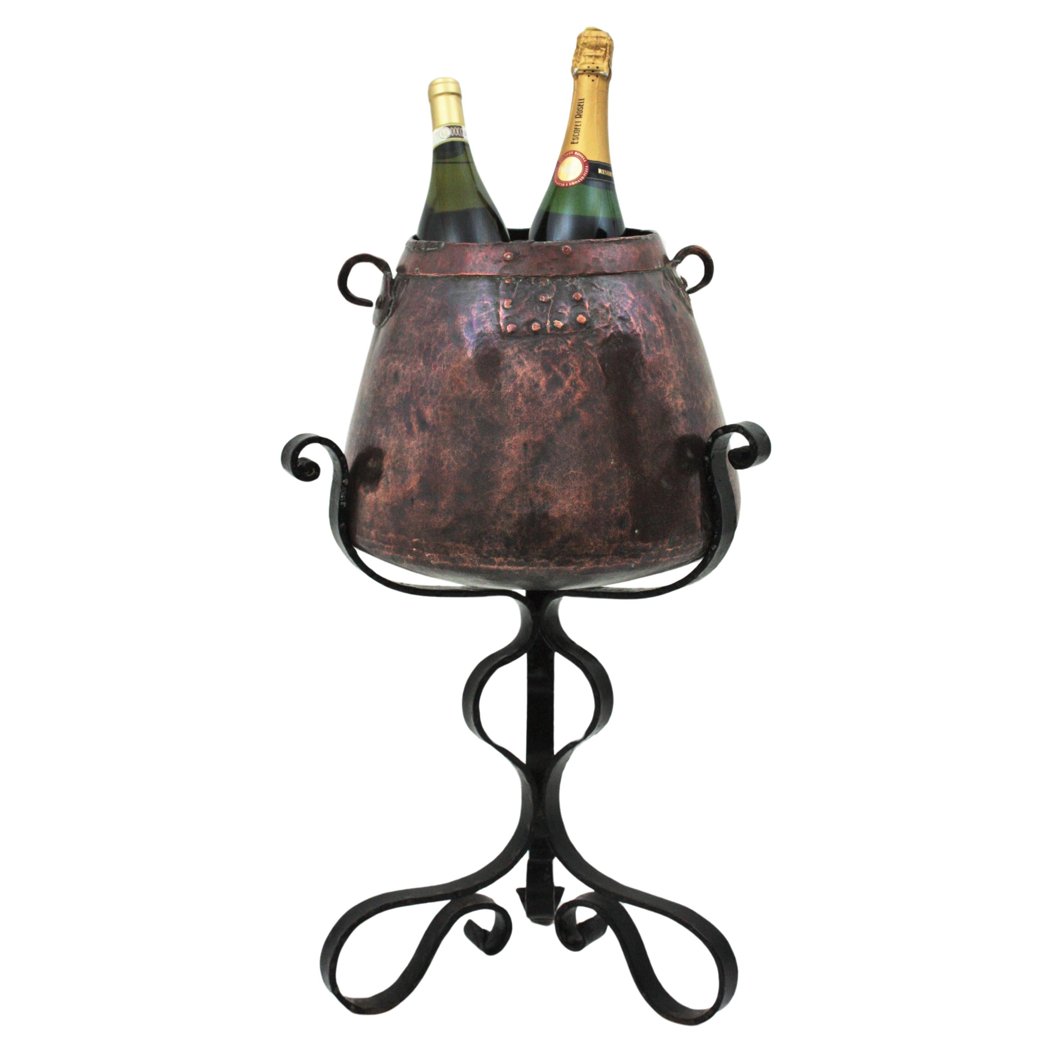 Cauldron Ice Bucket Champagne Cooler on Tripod Stand, Copper and Iron For Sale