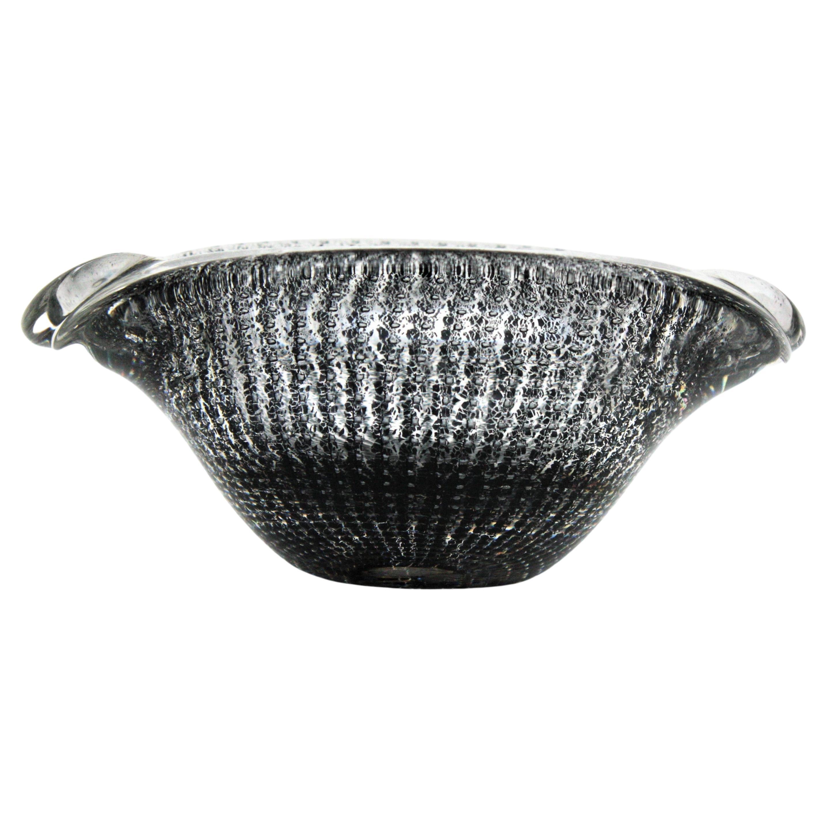 Archimede Seguso Murano Bullicante Black & Clear Art Glass Bowl or Ashtray For Sale