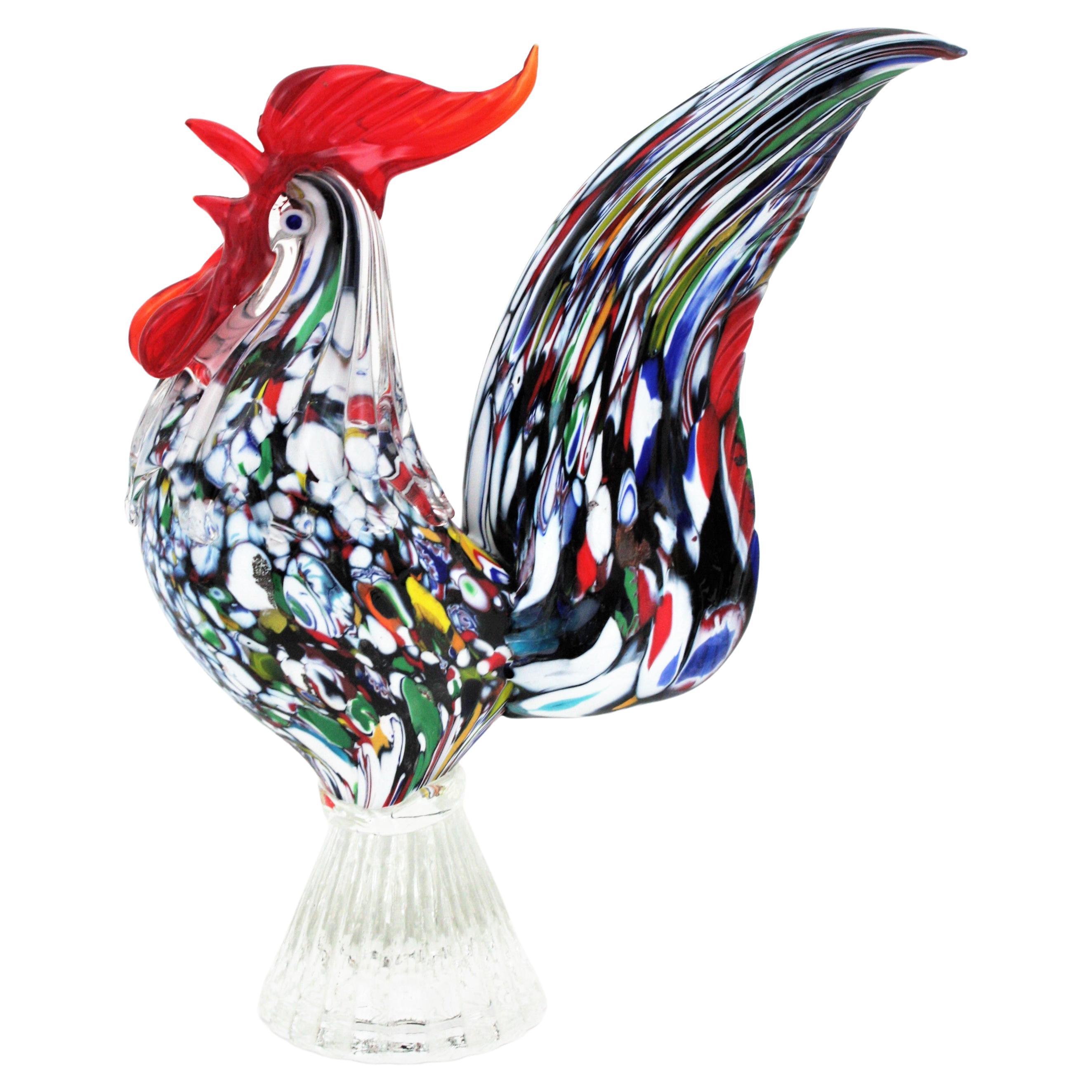 Toso Murano Multicolor Murrine Art Glass Rooster Sculpture Paperweight For Sale