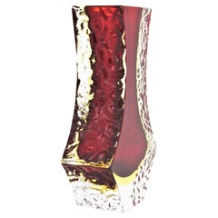 Mandruzzato Murano Sommerso Red Yellow Ice Glass Faceted Vase 