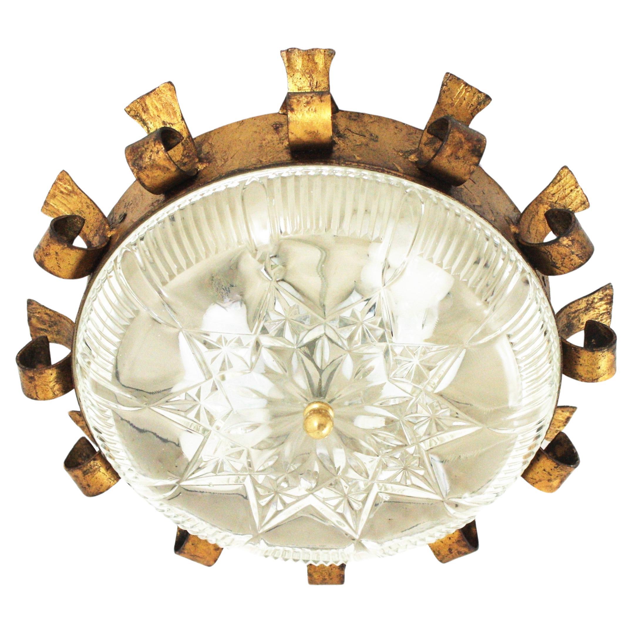 Sunburst Crown Light Fixture in Gilt Iron and Pressed Glass For Sale