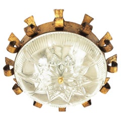 Vintage Sunburst Crown Light Fixture in Gilt Iron and Pressed Glass