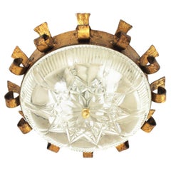 Sunburst Crown Light Fixture in Gilt Iron and Pressed Glass