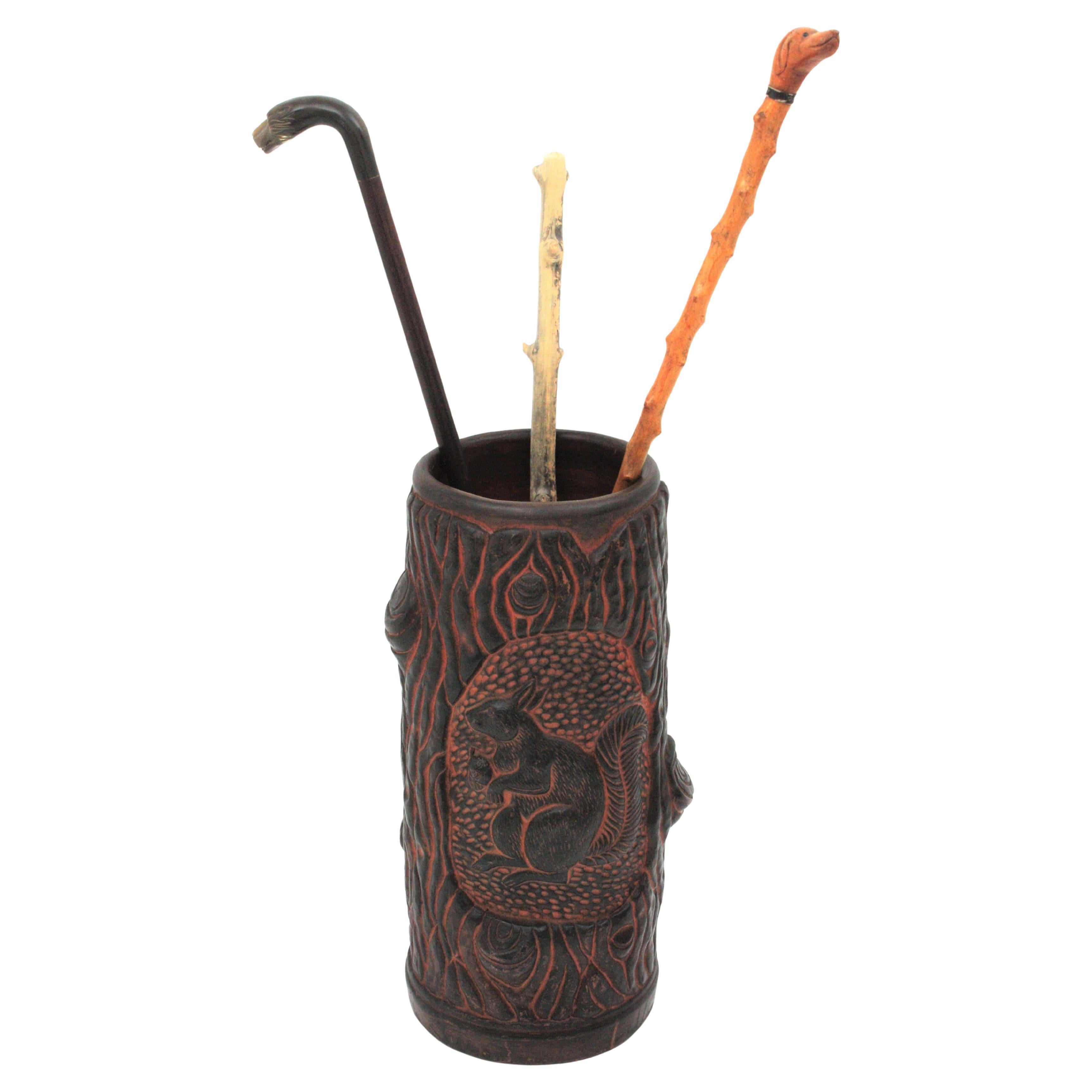 French Umbrella Stand in Faux Wood Terracotta, Log Shape, 1960s