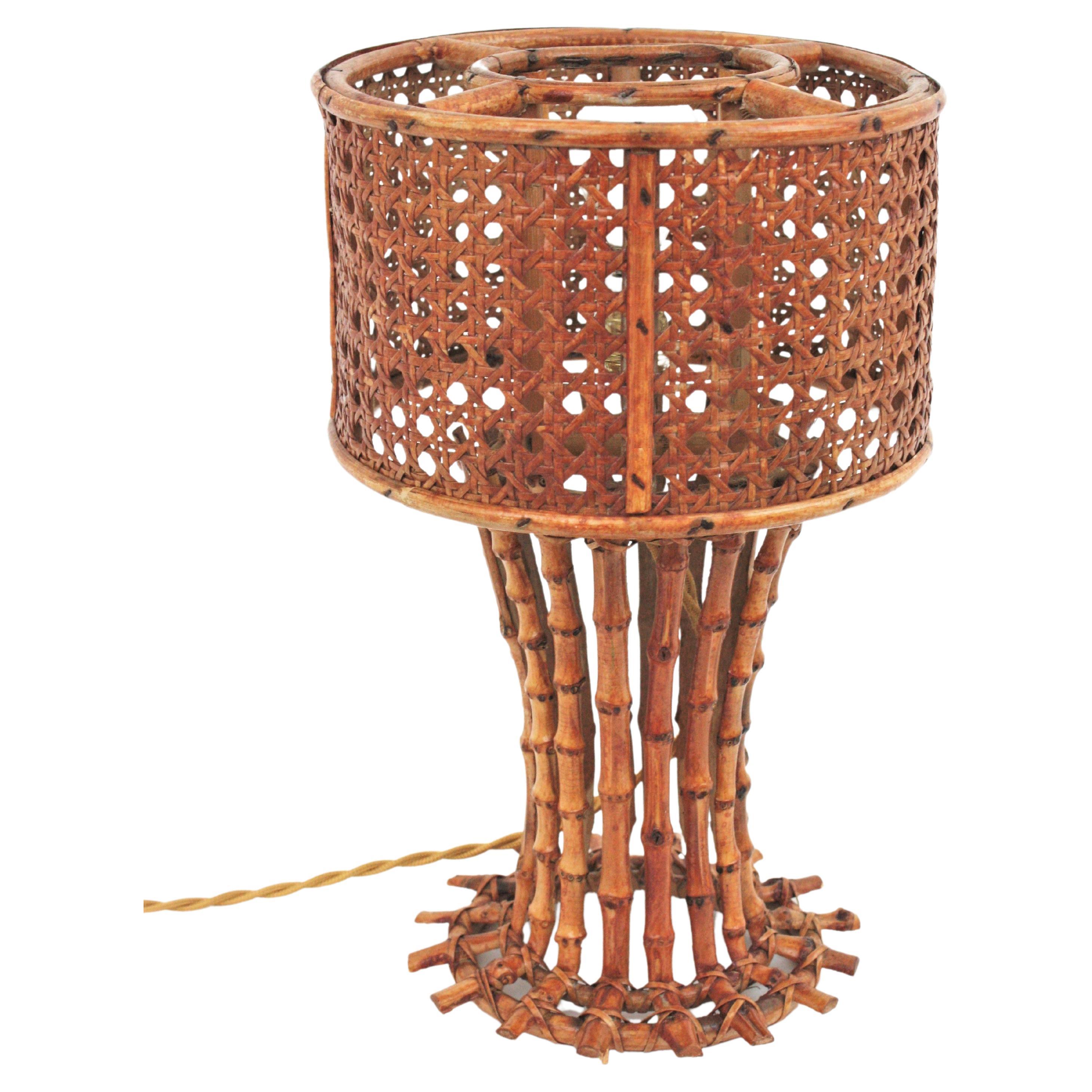 Rattan Bamboo Table Lamp with Woven Wicker Lampshade, 1950s