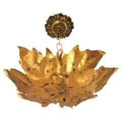 Leaves Flush Mount Light Fixture / Wall Sconce in Gilt Iron, Spain 1960