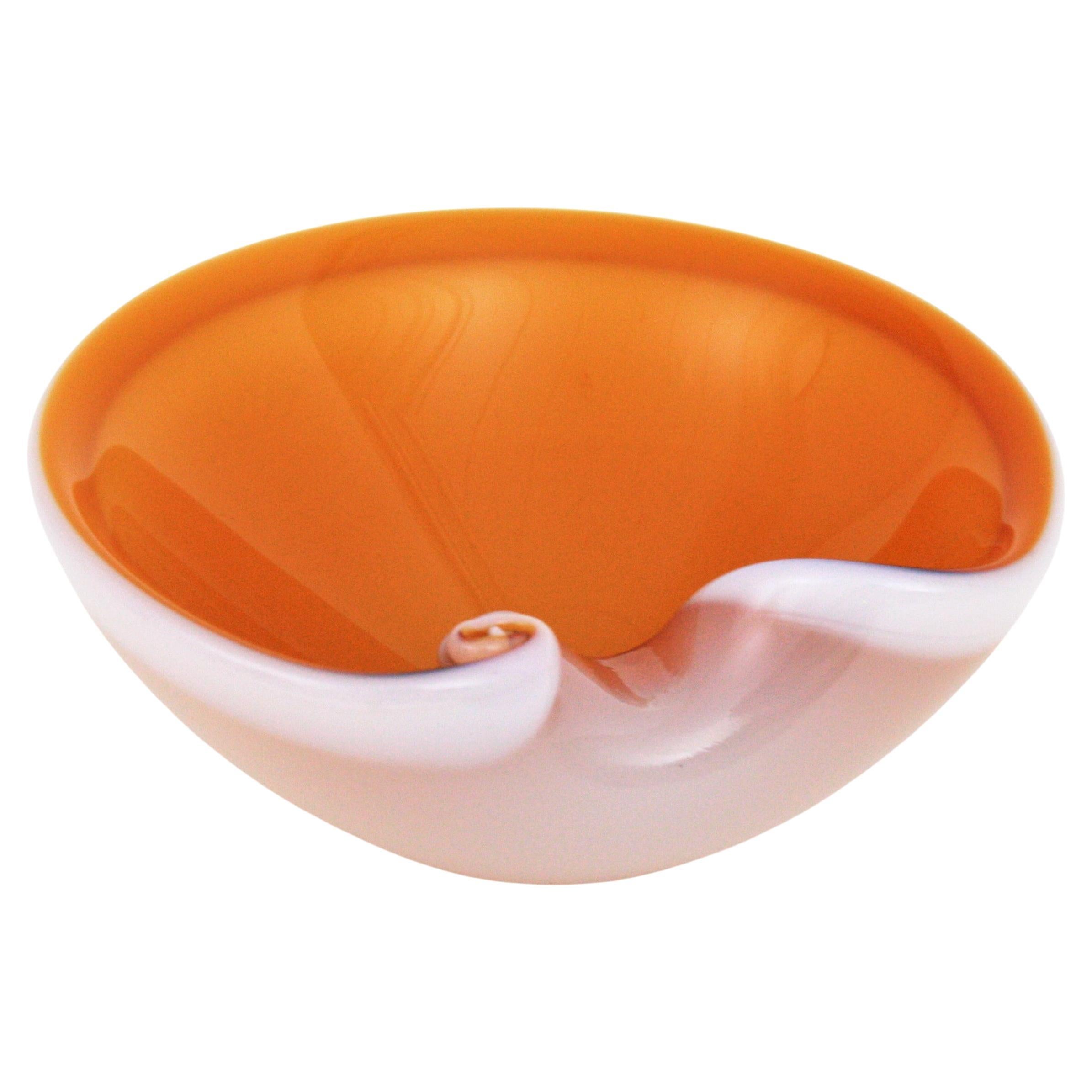 Seguso Murano Orange White Art Glass Shell Bowl Ashtray For Sale