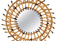 French Mid-Century Modern Sunburst Mirror in Rattan, Double Layered Frame, 1960s
