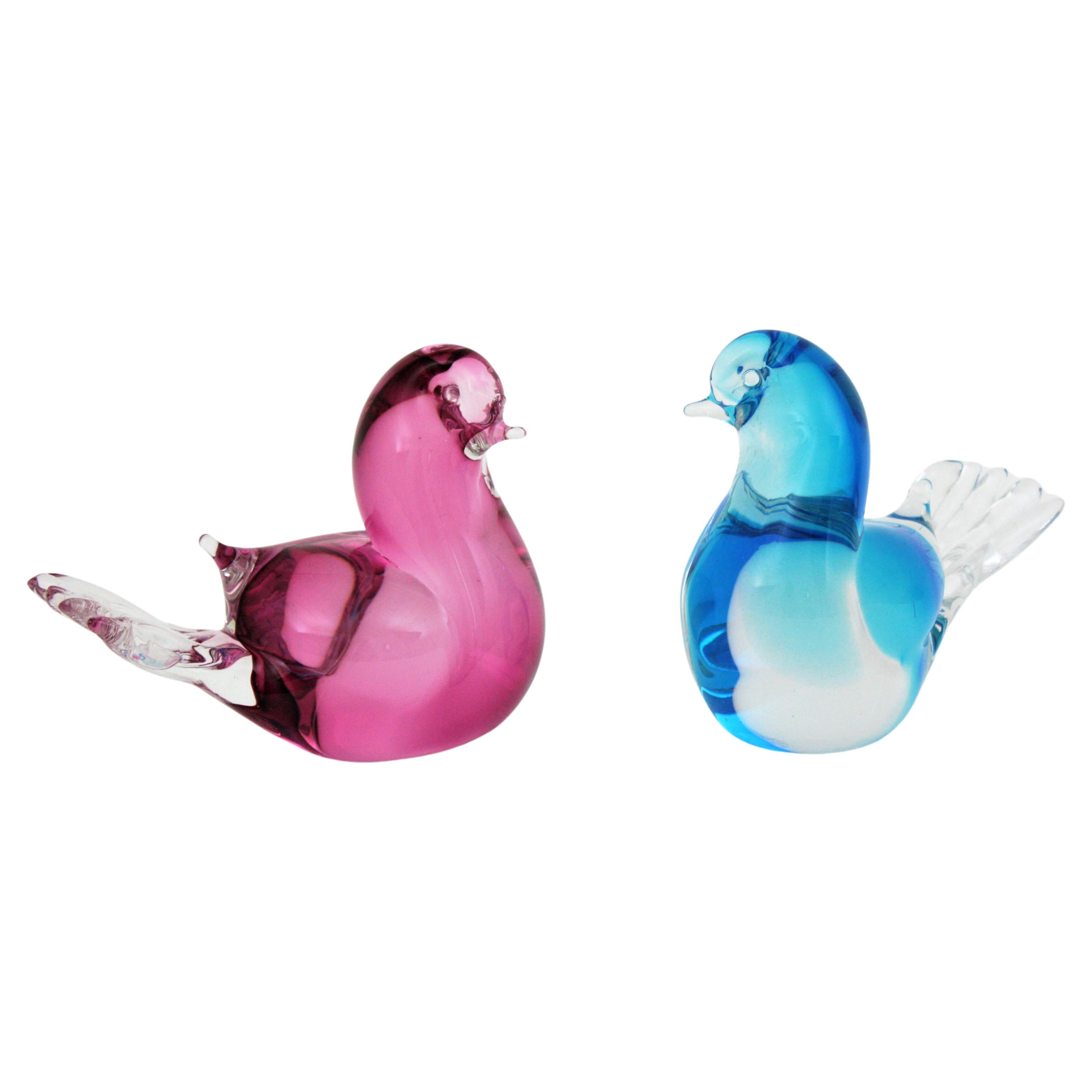 Pair of Seguso Murano Pink Blue Art Glass Bird Figure Paperweights, 1960s For Sale