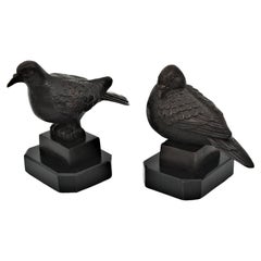 Coppia di figure di uccelli in bronzo Art Déco su basi di marmo nero
