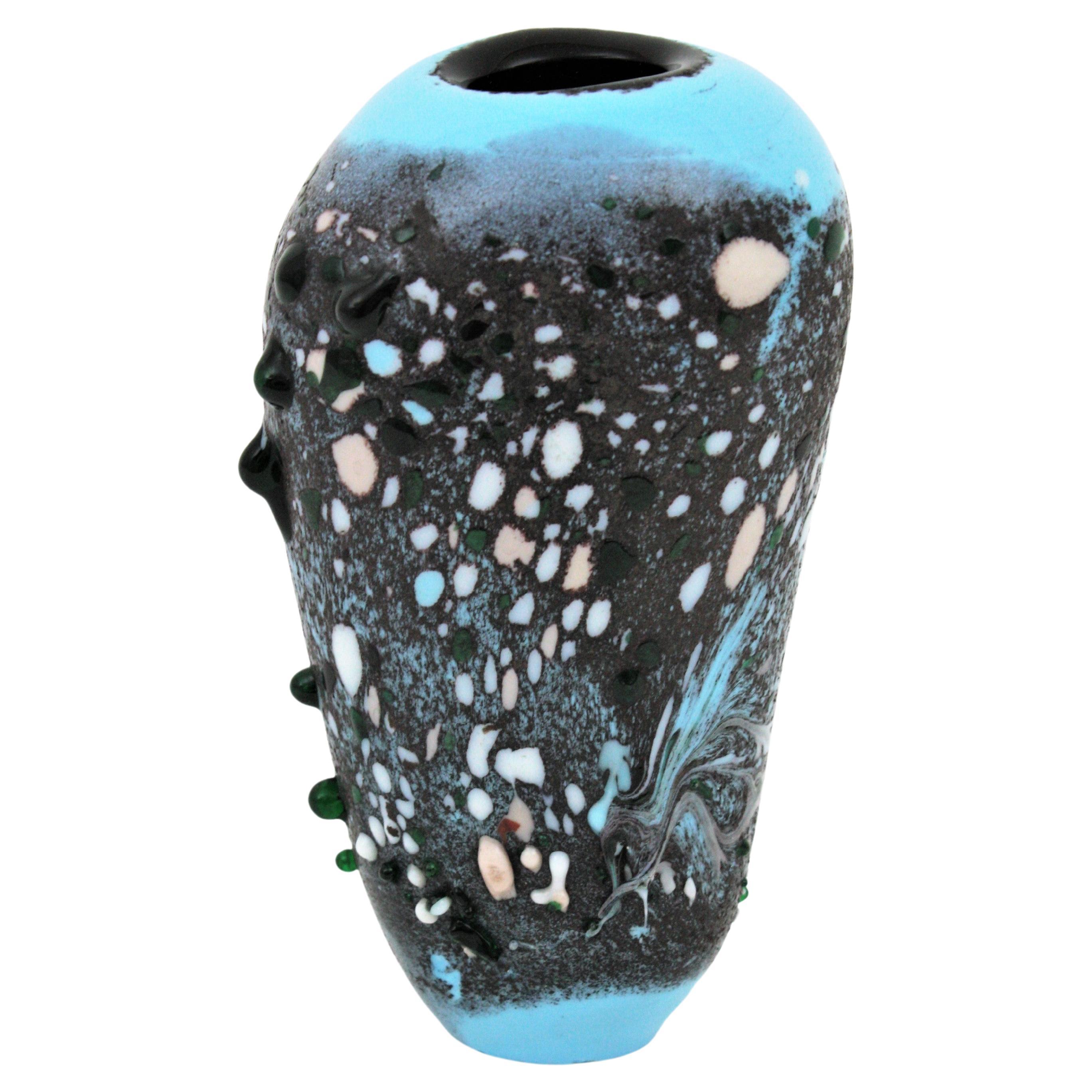 Murano Blue Gray Art Glass Vase with Multicolor Applied Murrine For Sale