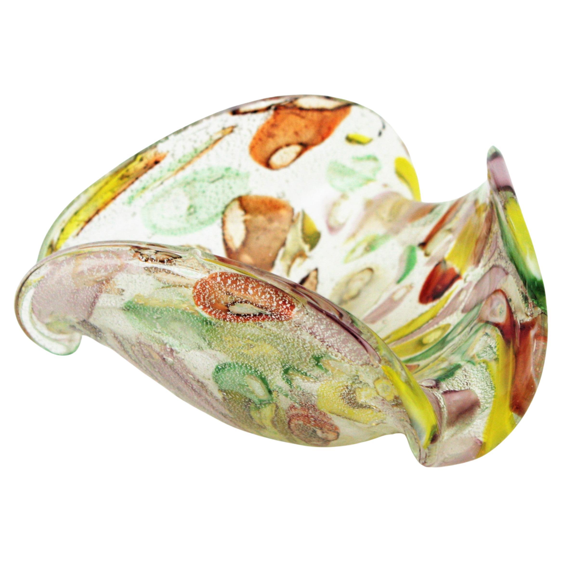 Murano Multicolor Murrine Silver Flecks Art Glass Bowl, 1950s For Sale