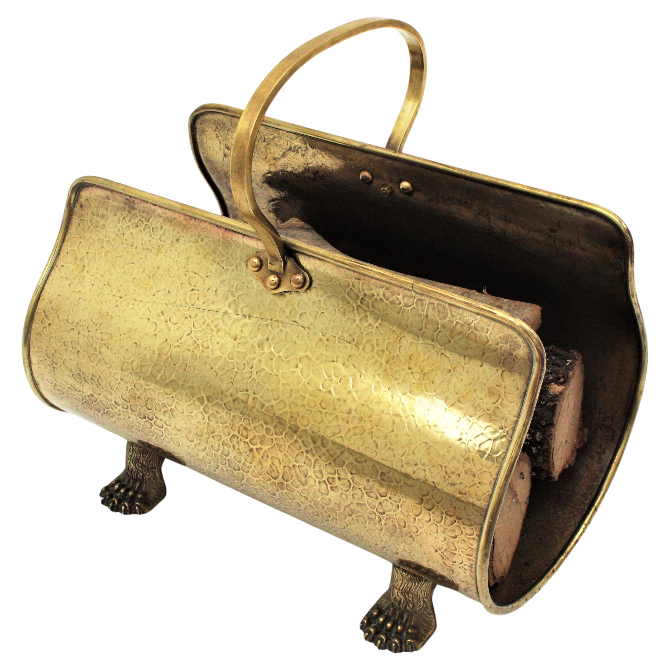 Brass Log Holder / Magazine Rack with Claw Feet For Sale