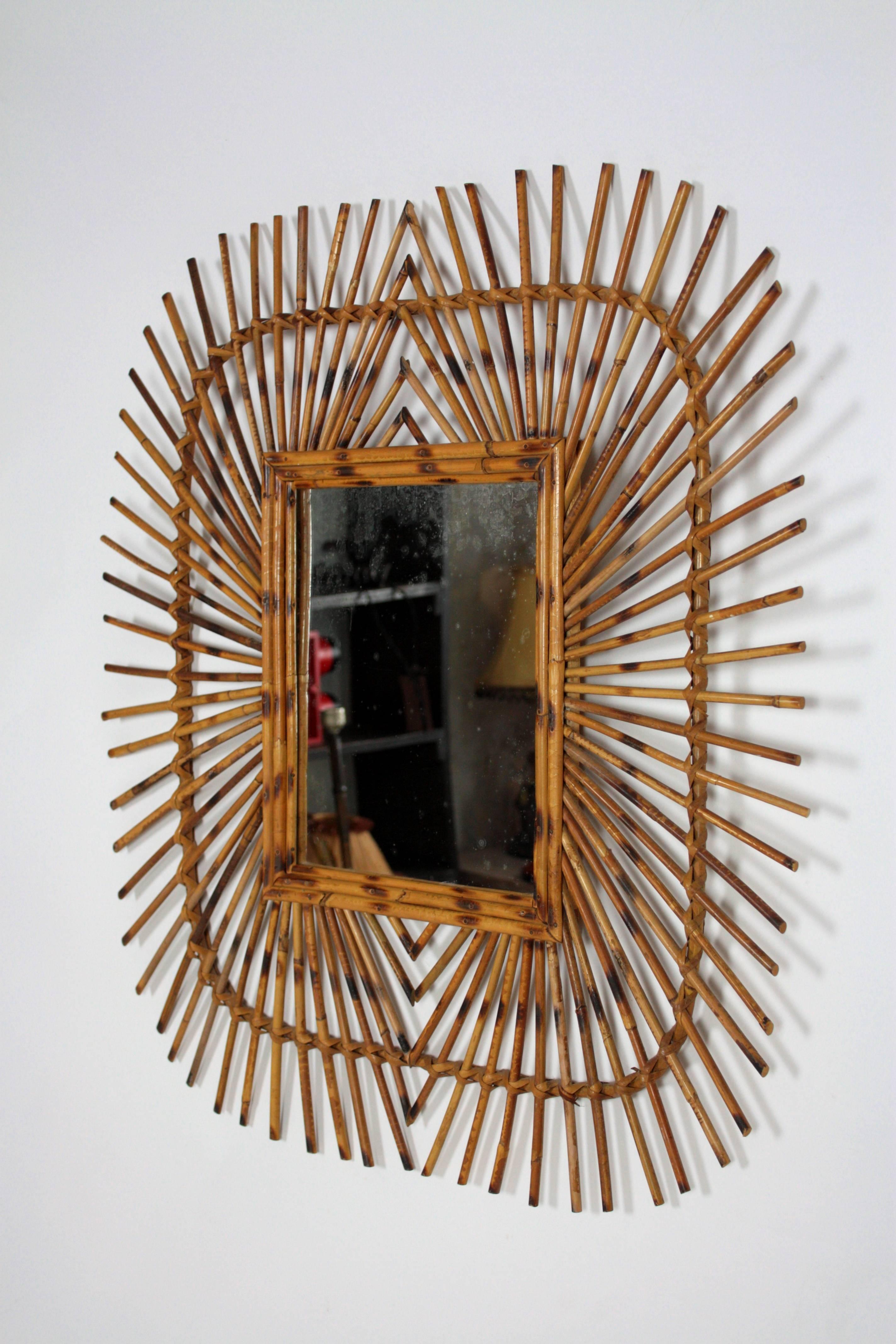 Mid-Century Modern Unusual French Riviera Rattan Mirror with Pyrography Decorations