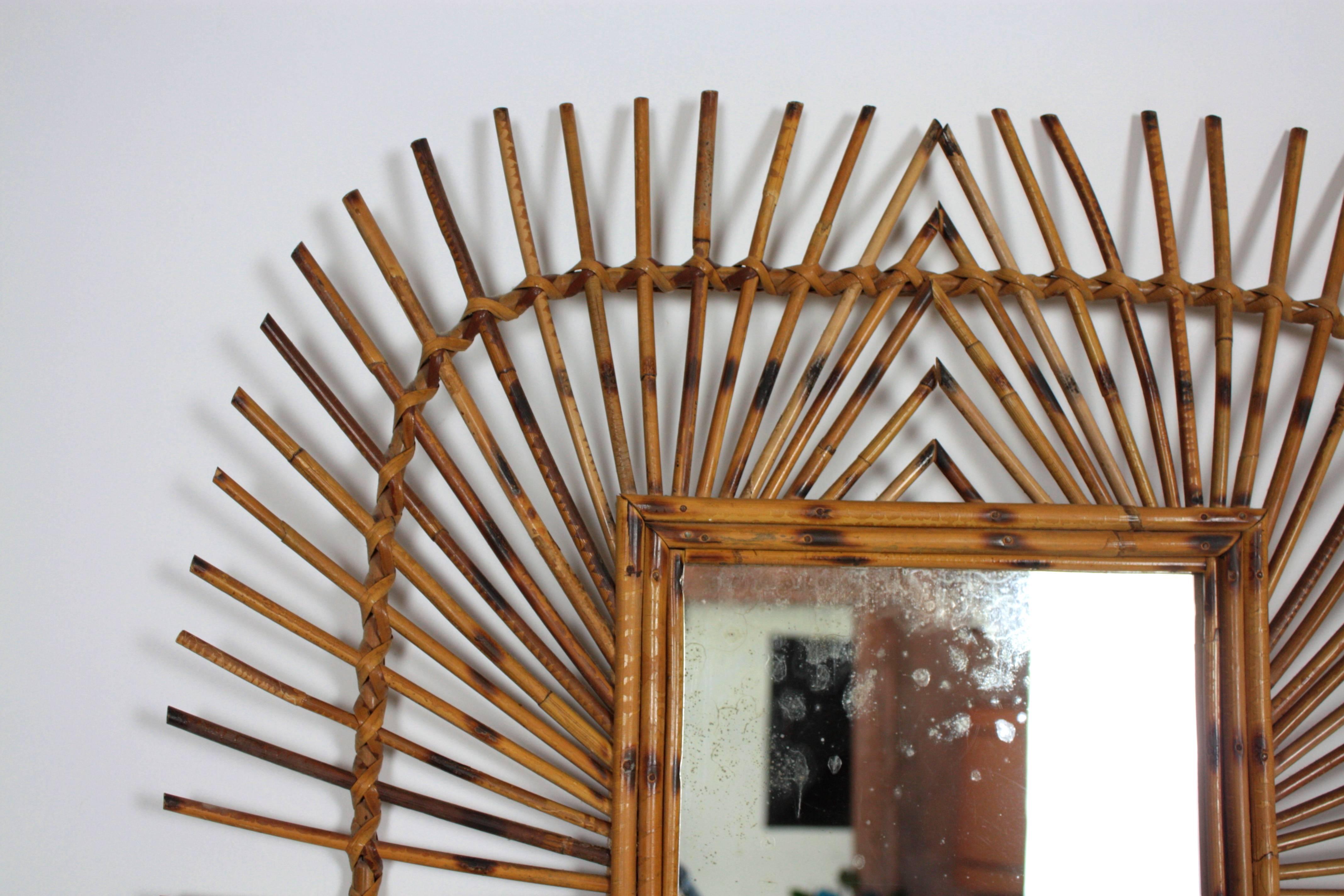 Hand-Crafted Unusual French Riviera Rattan Mirror with Pyrography Decorations