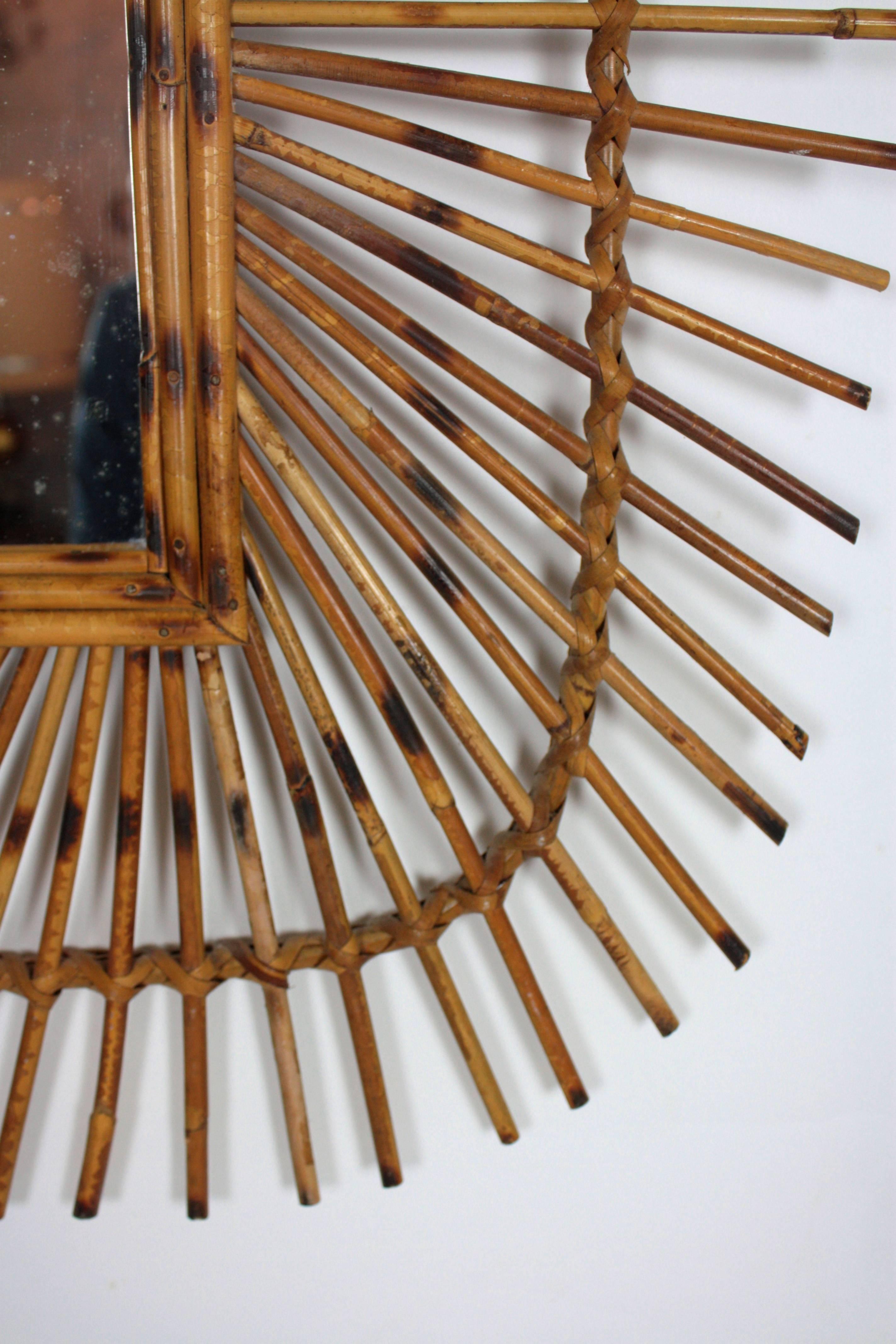 Rare squared sunburst mirror with pyro details in each beam. 
Handcrafted in France at the 1960s.
Lovely Mediterranean taste.