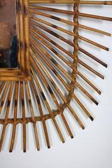 Unusual French Riviera Rattan Mirror with Pyrography Decorations