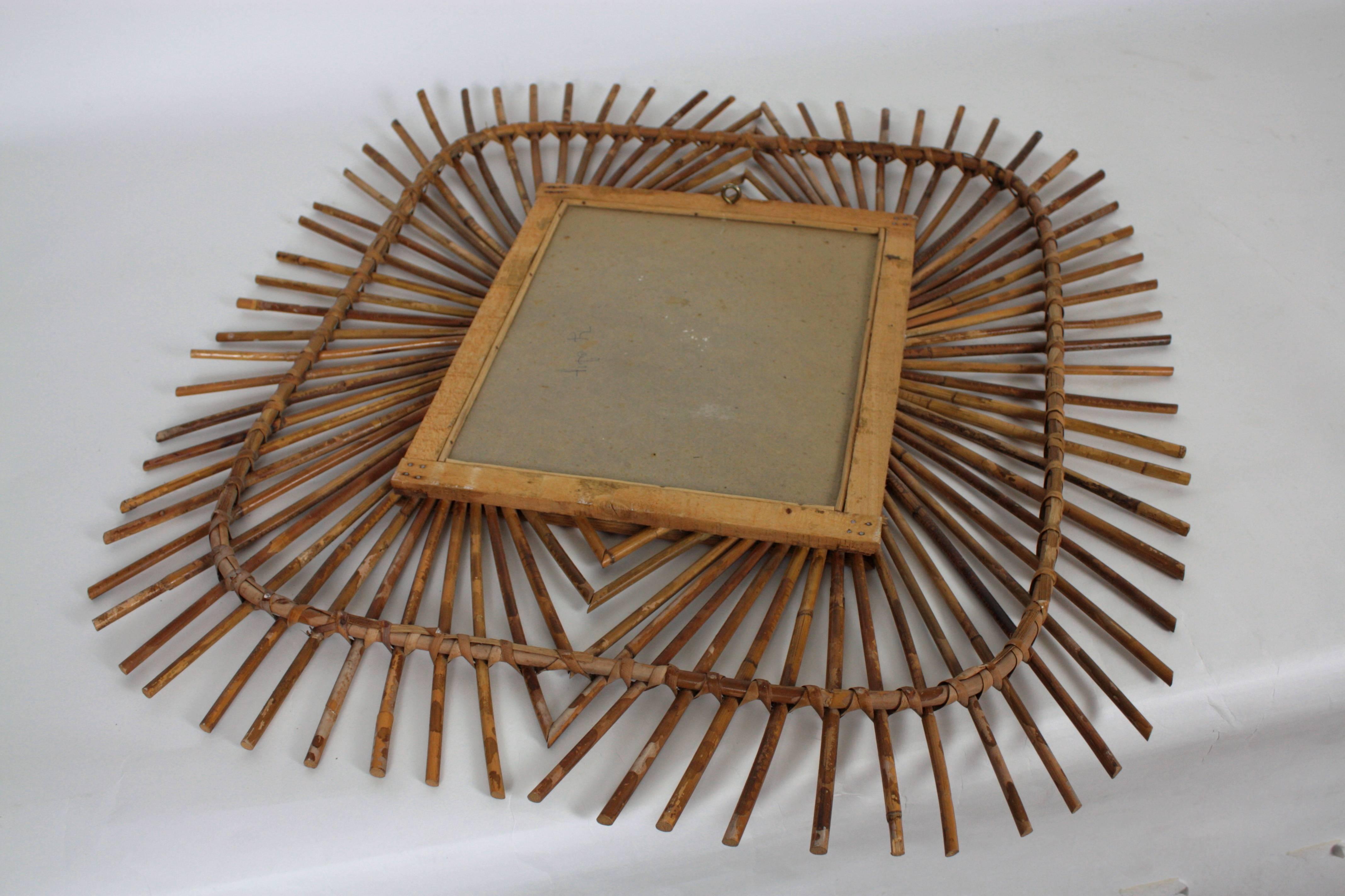 Mid-20th Century Unusual French Riviera Rattan Mirror with Pyrography Decorations