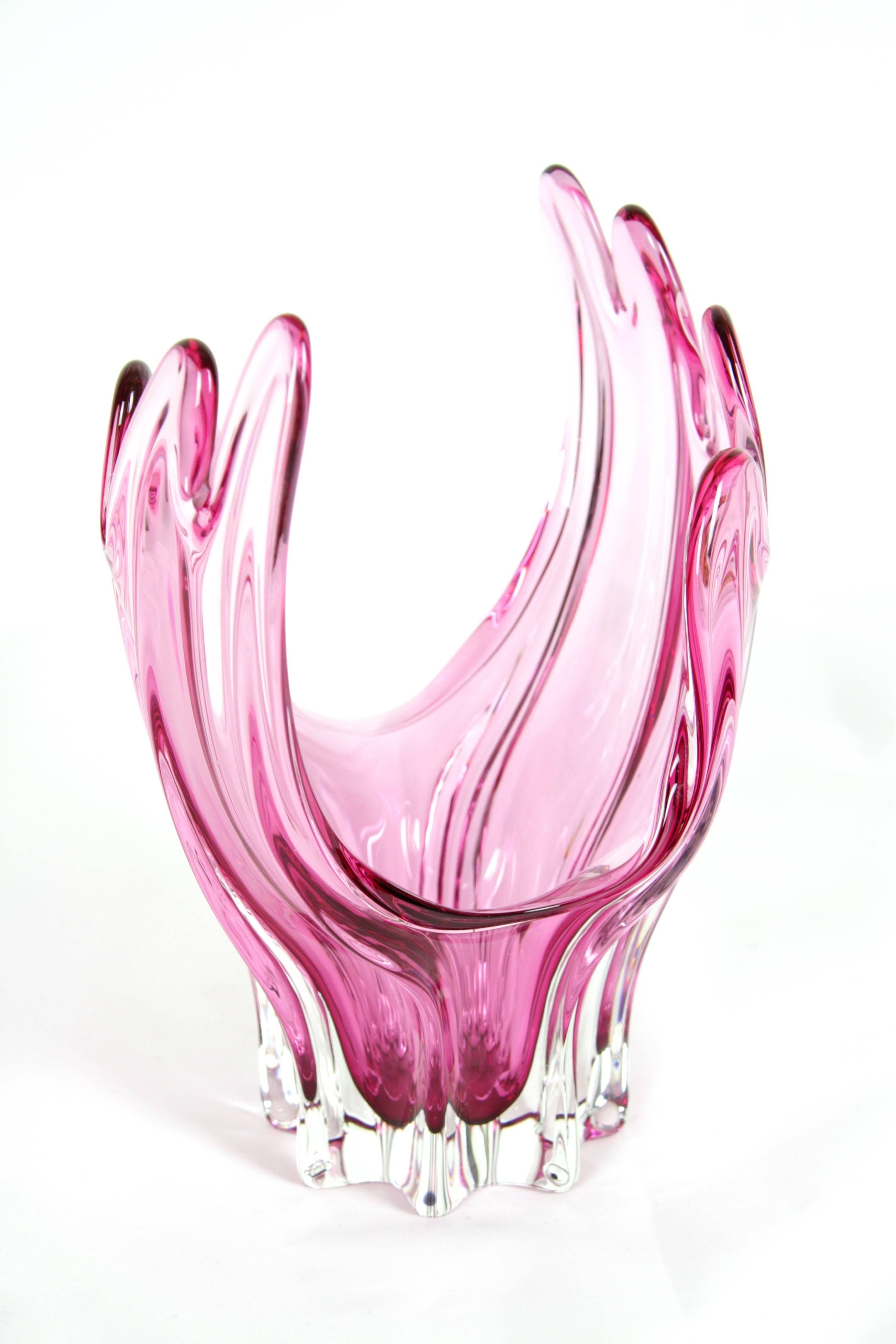Mid-Century Modern Alfredo Barbini Sommerso Pink & Clear Sommerso Murano Glass Scalloped Vase 
