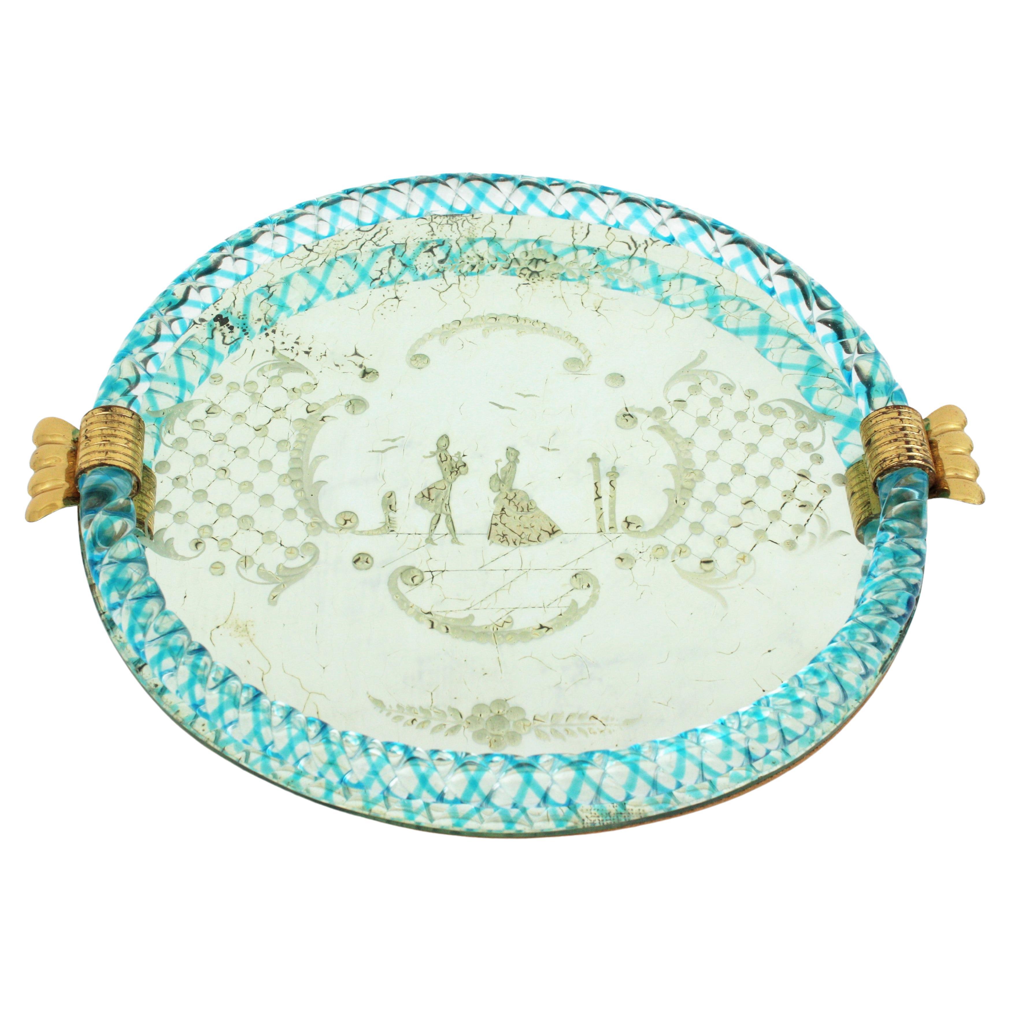 Venetian Blue Murano Glass Etched Mirror Tray For Sale