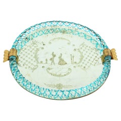 Venetian Blue Murano Glass Etched Mirror Tray