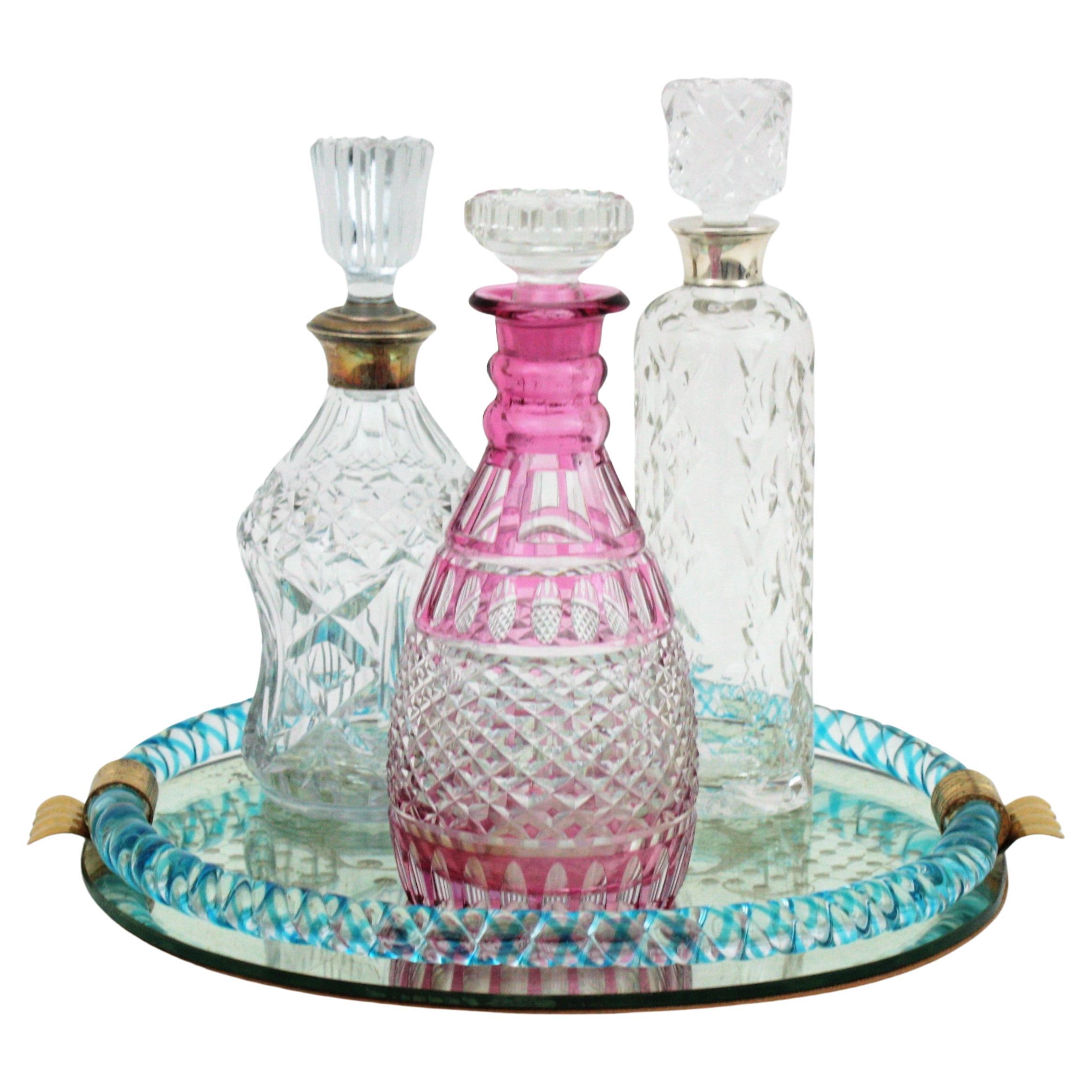 Bandeja de cristal de Murano azul veneciano con espejo grabado Italiano en venta