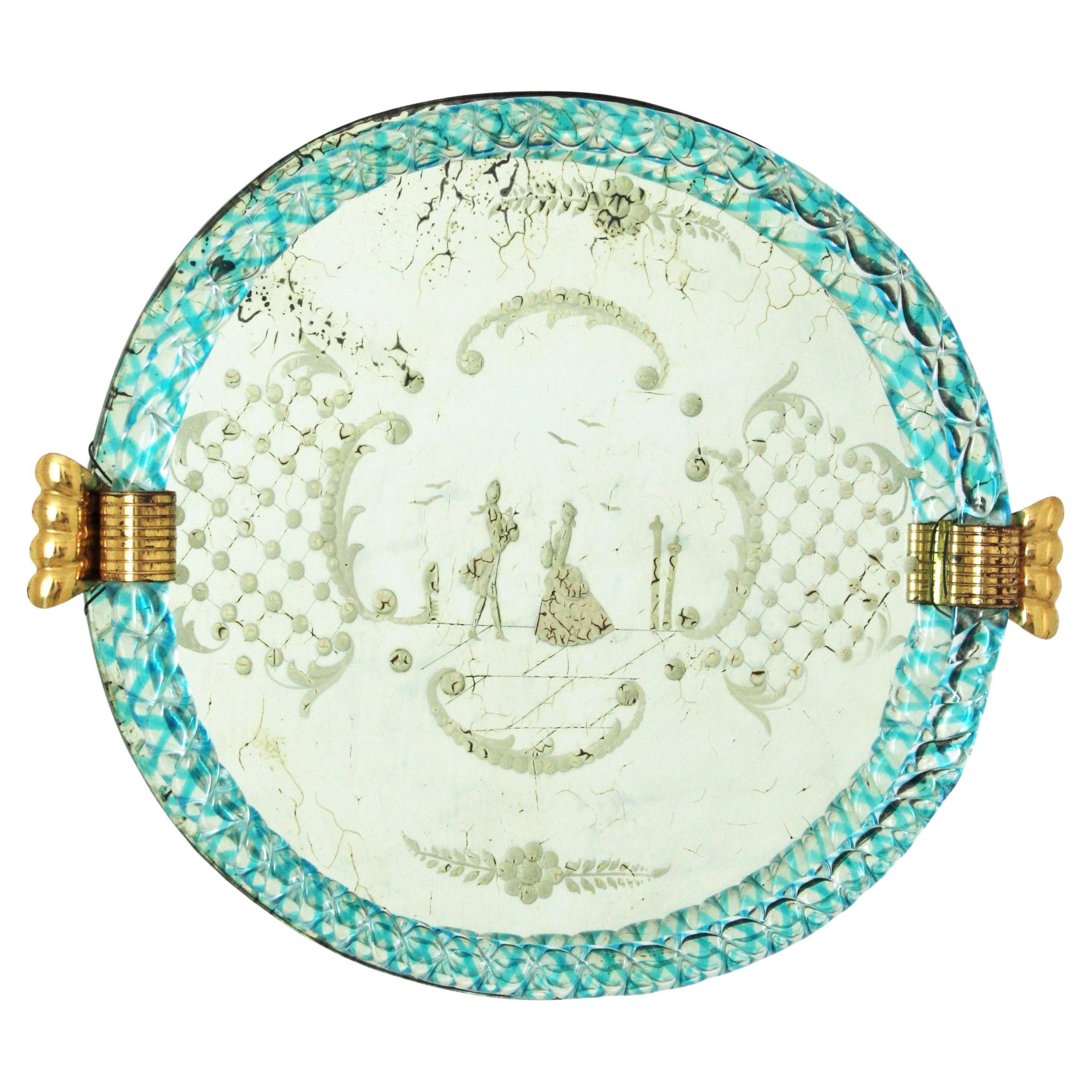 Bandeja de cristal de Murano azul veneciano con espejo grabado Moderno de mediados de siglo en venta