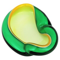 Retro Alfredo Barbini Murano Biomorphic Sommerso Green Yellow White Art Glass Bowl