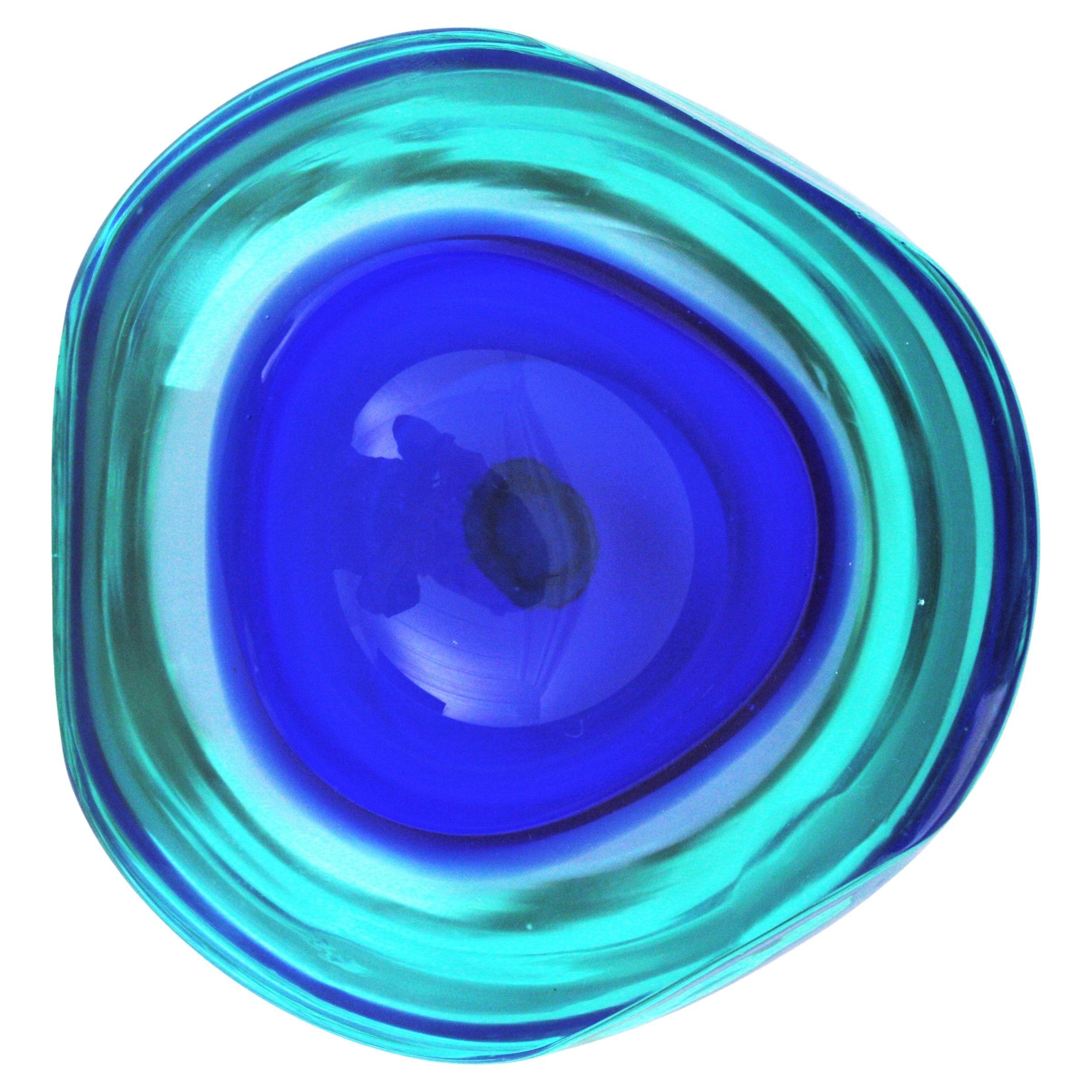 Archimede Seguso Murano Sommerso Blue Clear Glass Geode Bowl, Italy, 1960s