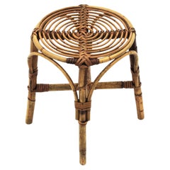 Vintage Rattan Bamboo Stool  or Side Table in the Style of Franco Albini