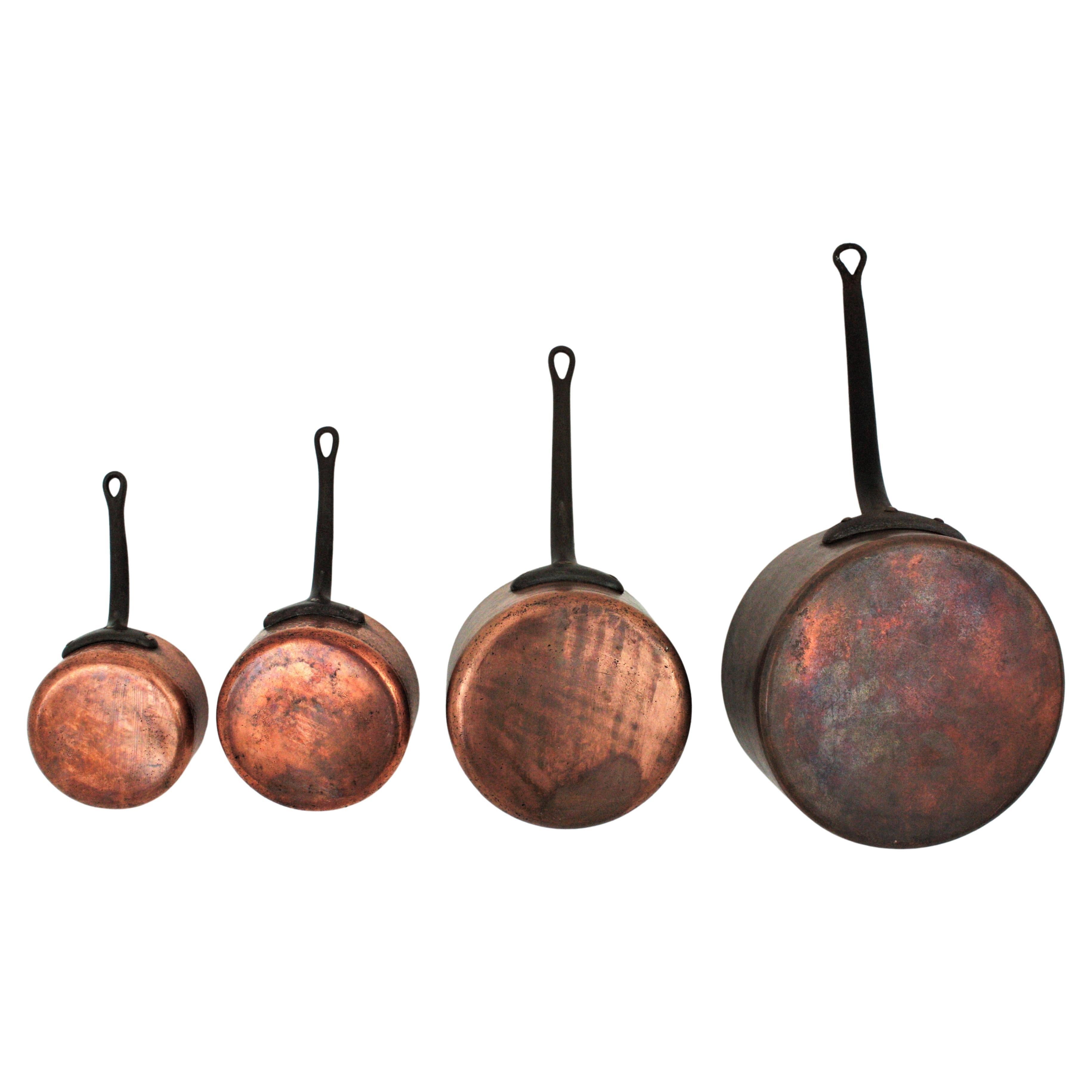 Set of Four French Copper Saucepans with Iron Handles, France 1940 For Sale