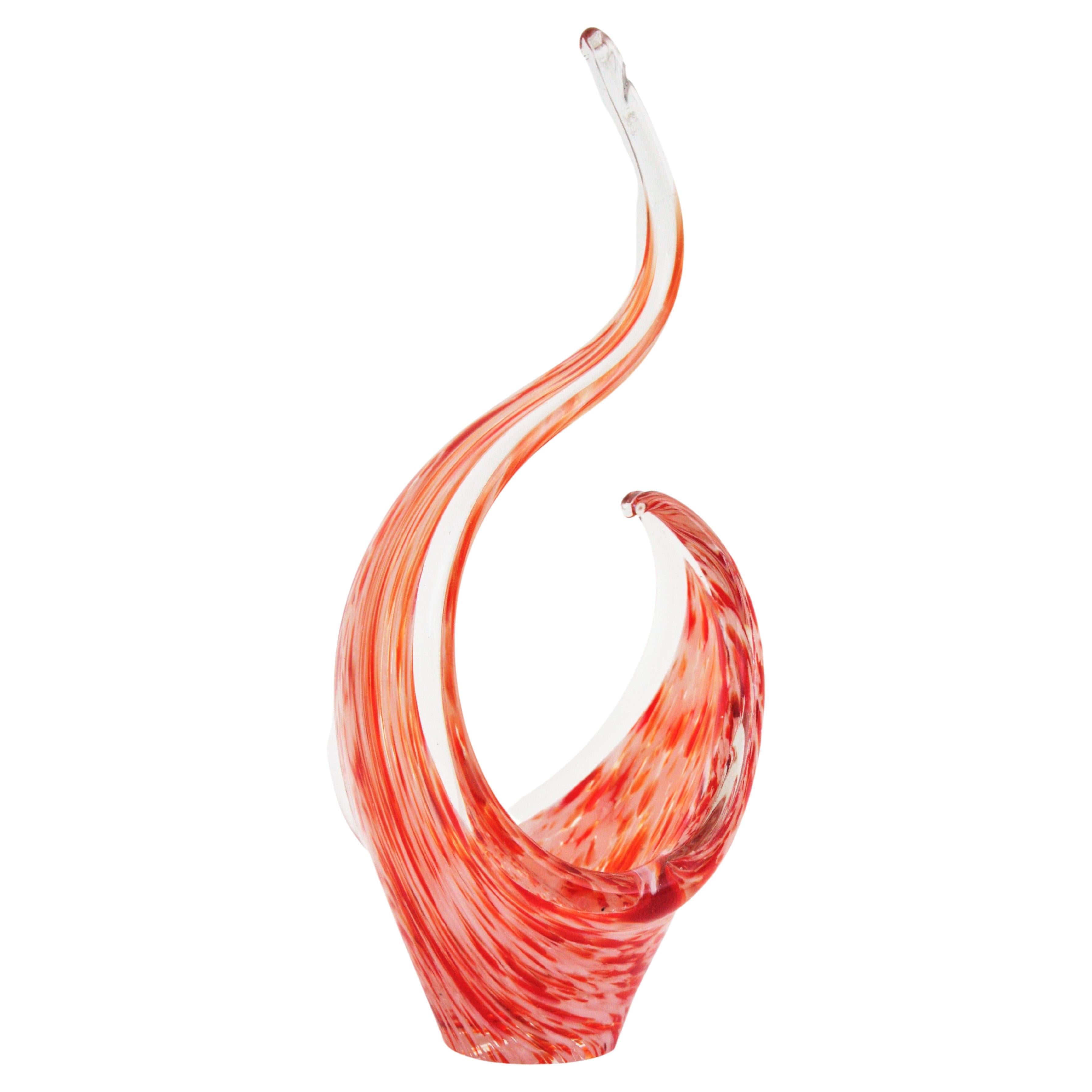 Bol de forme libre en verre d'art de Murano, orange et blanc tachet