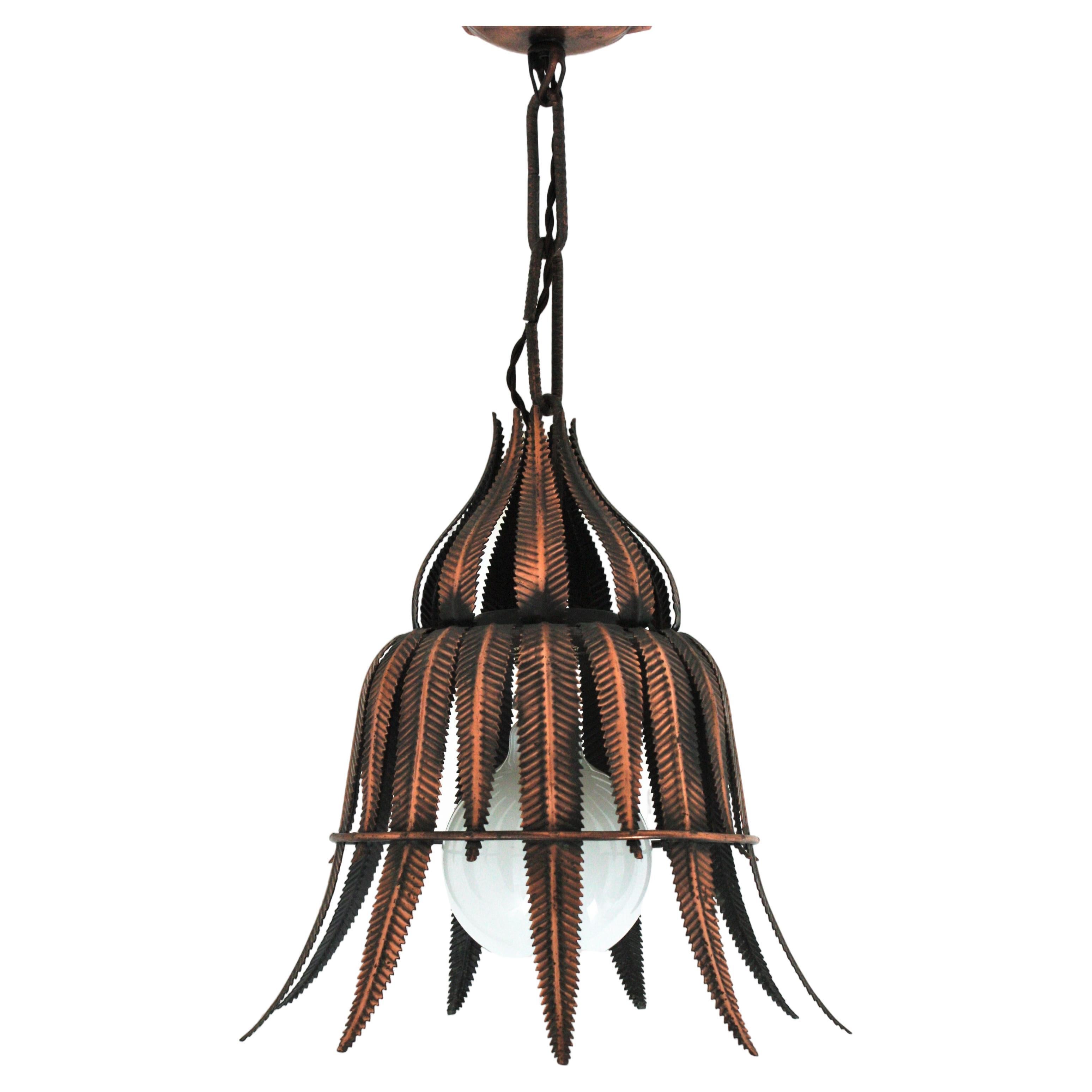 Midcentury  Lampe à suspension Sunburst en métal cuivré