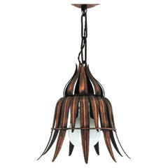 Midcentury  Sunburst Starburst Pendant Light in Copper Metal