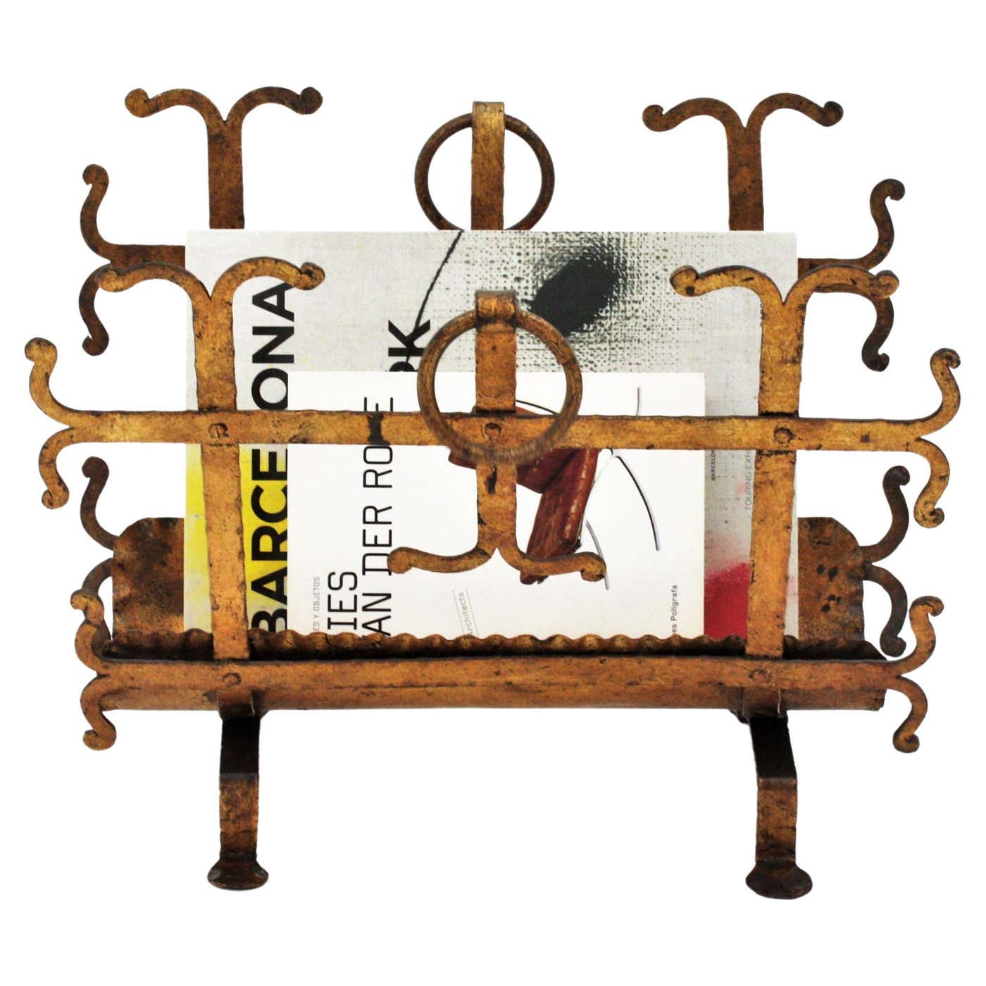 Spanish Revival Magazine Rack in Gilt Wrought Iron, 1950s For Sale at ...