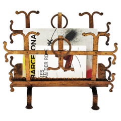 Vintage Spanish Revival Magazine Rack in Gilt Wrought Iron, 1950s