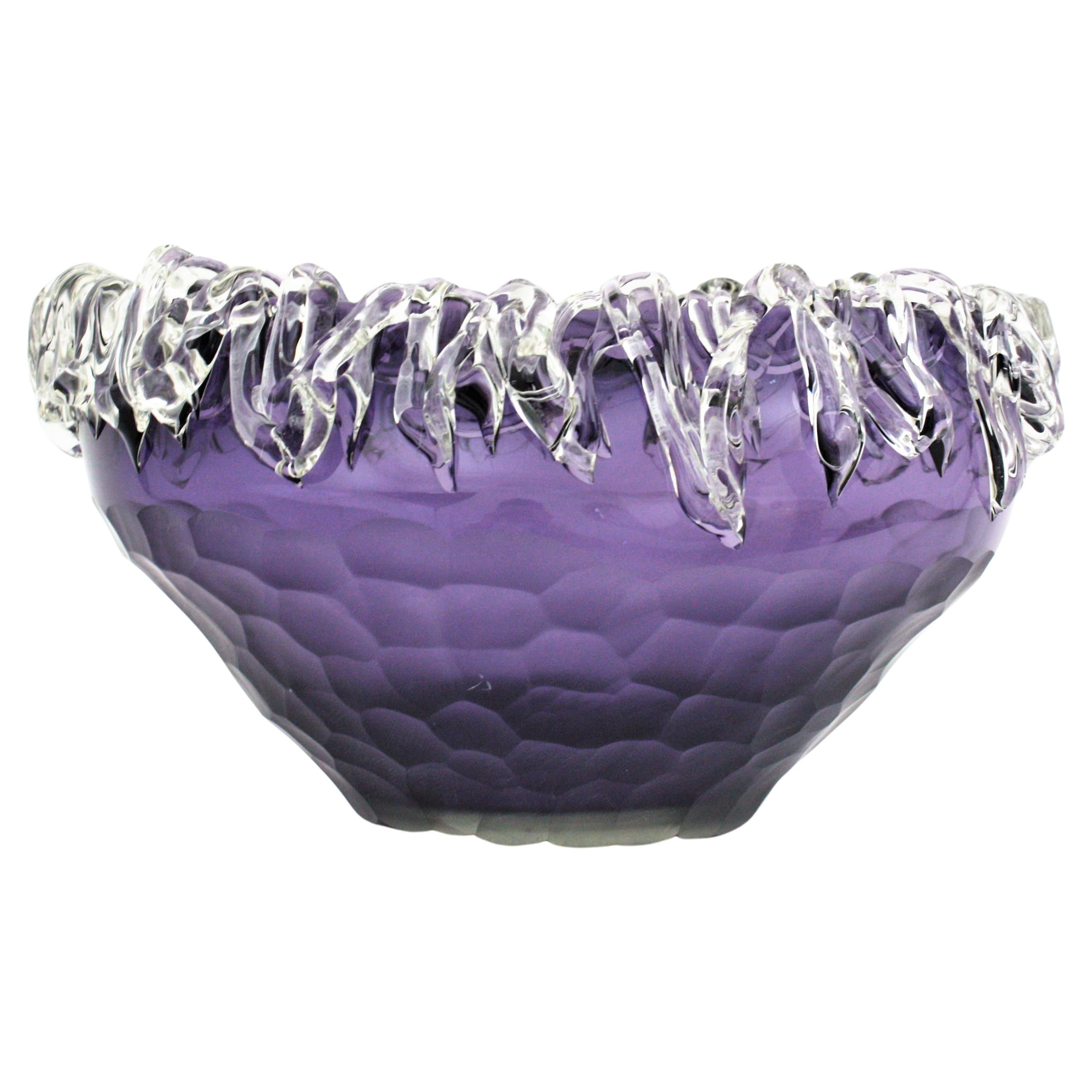 Murano Purple Art Glass Centerpiece Bowl with Applied Clear Glass  For Sale