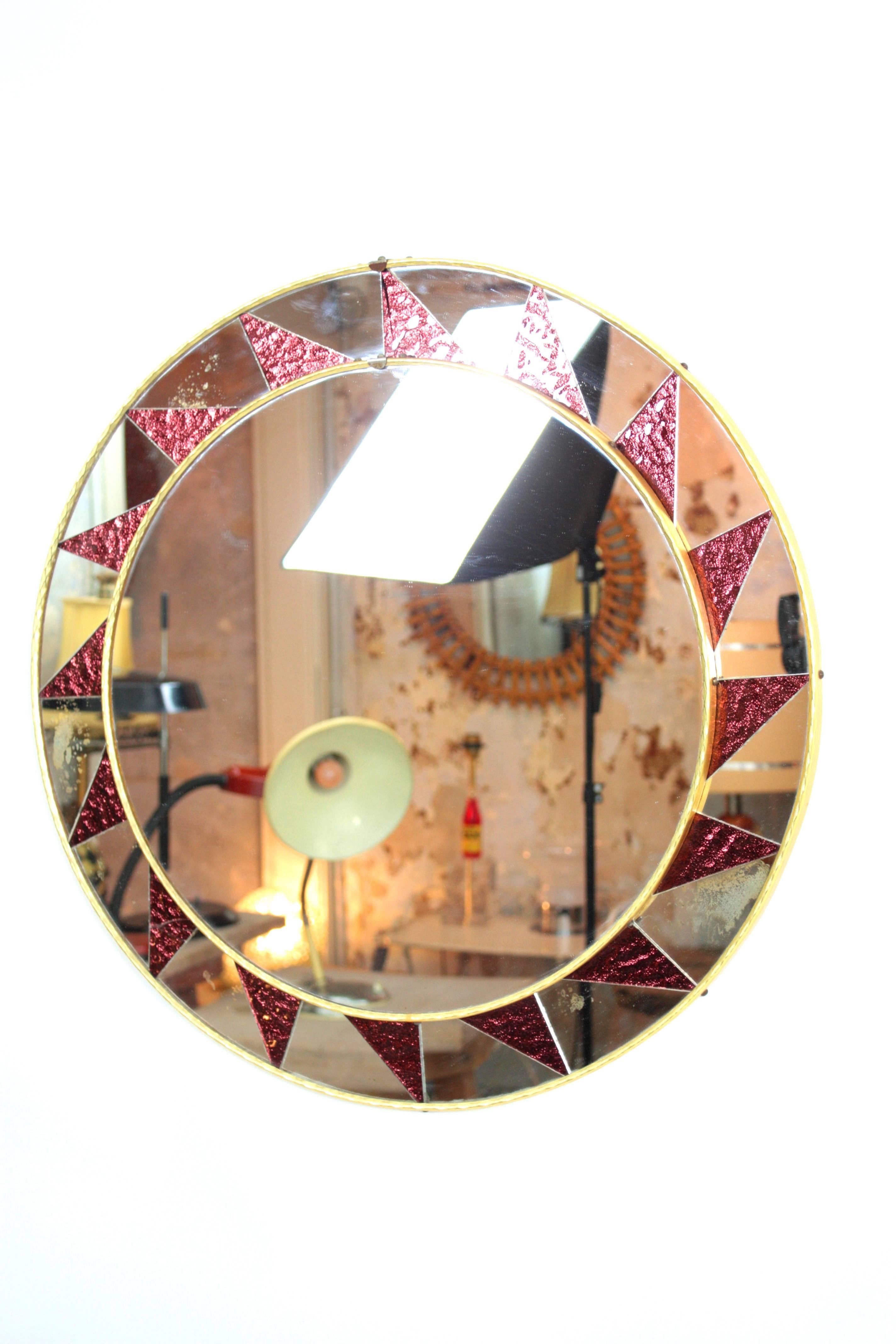 Spanish 1960s Mosaic Circular Mirror Framed by a Pattern of Garned Mirrored Glasses For Sale