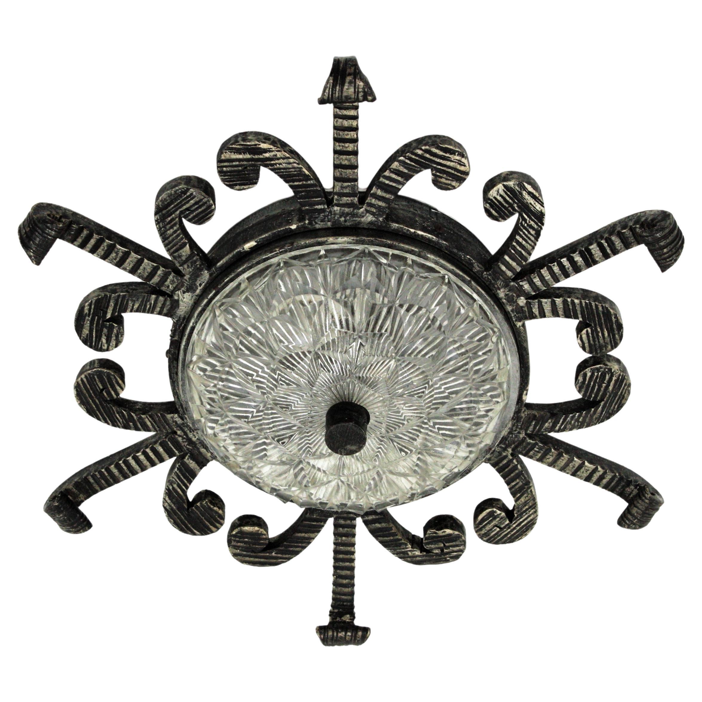 Spanish Revival Sunburst Iron and Glass Light Fixture, 1940s For Sale