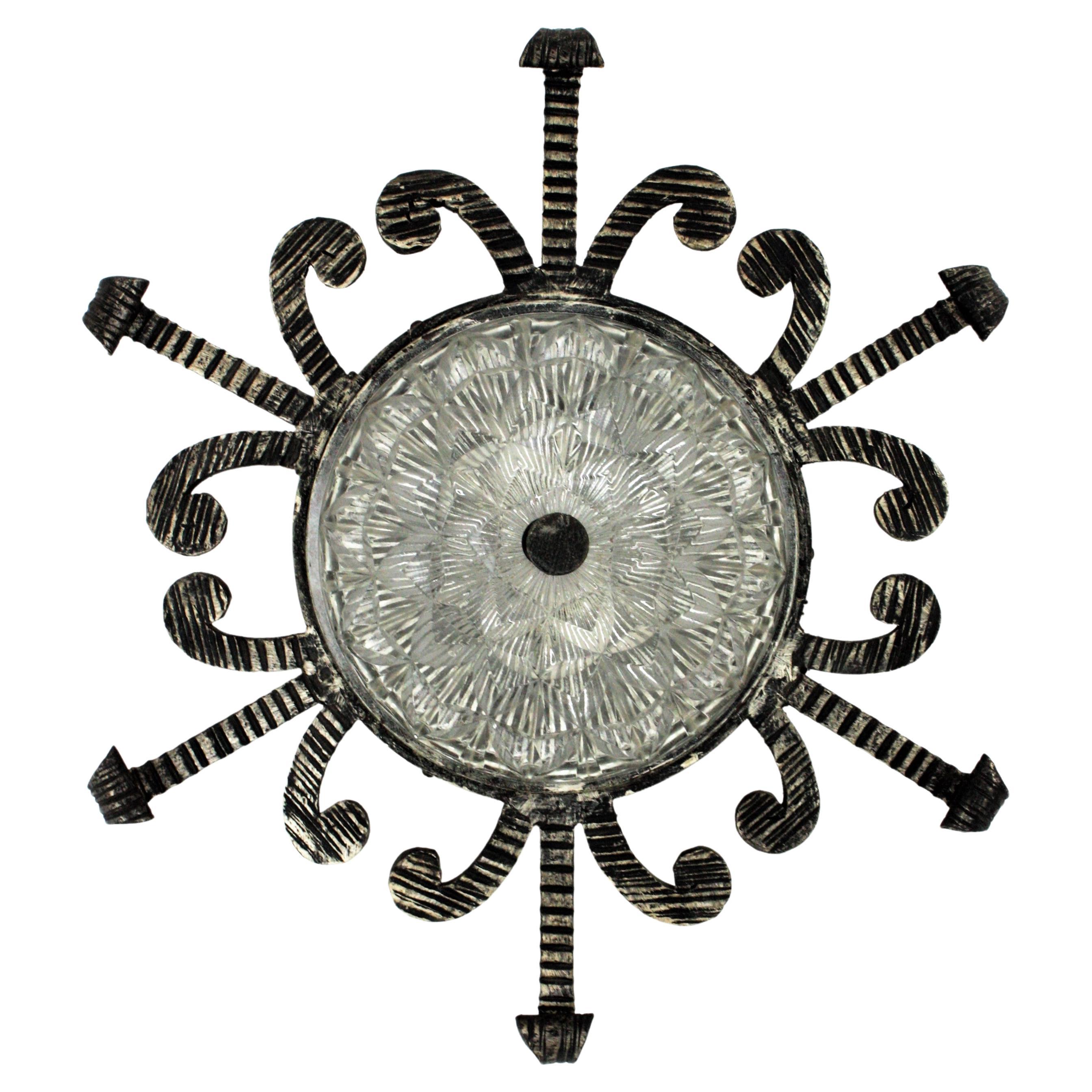 Spanish Revival Sunburst Iron and Glass Light Fixture, 1940s For Sale