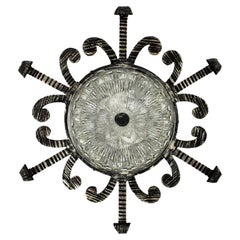 Spanish Revival Sunburst Iron and Glass Light Fixture, 1940s
