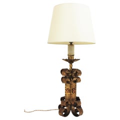 1940s Spanish Revival Table Lamp in Gilt Wrought Iron with Scroll Work Design